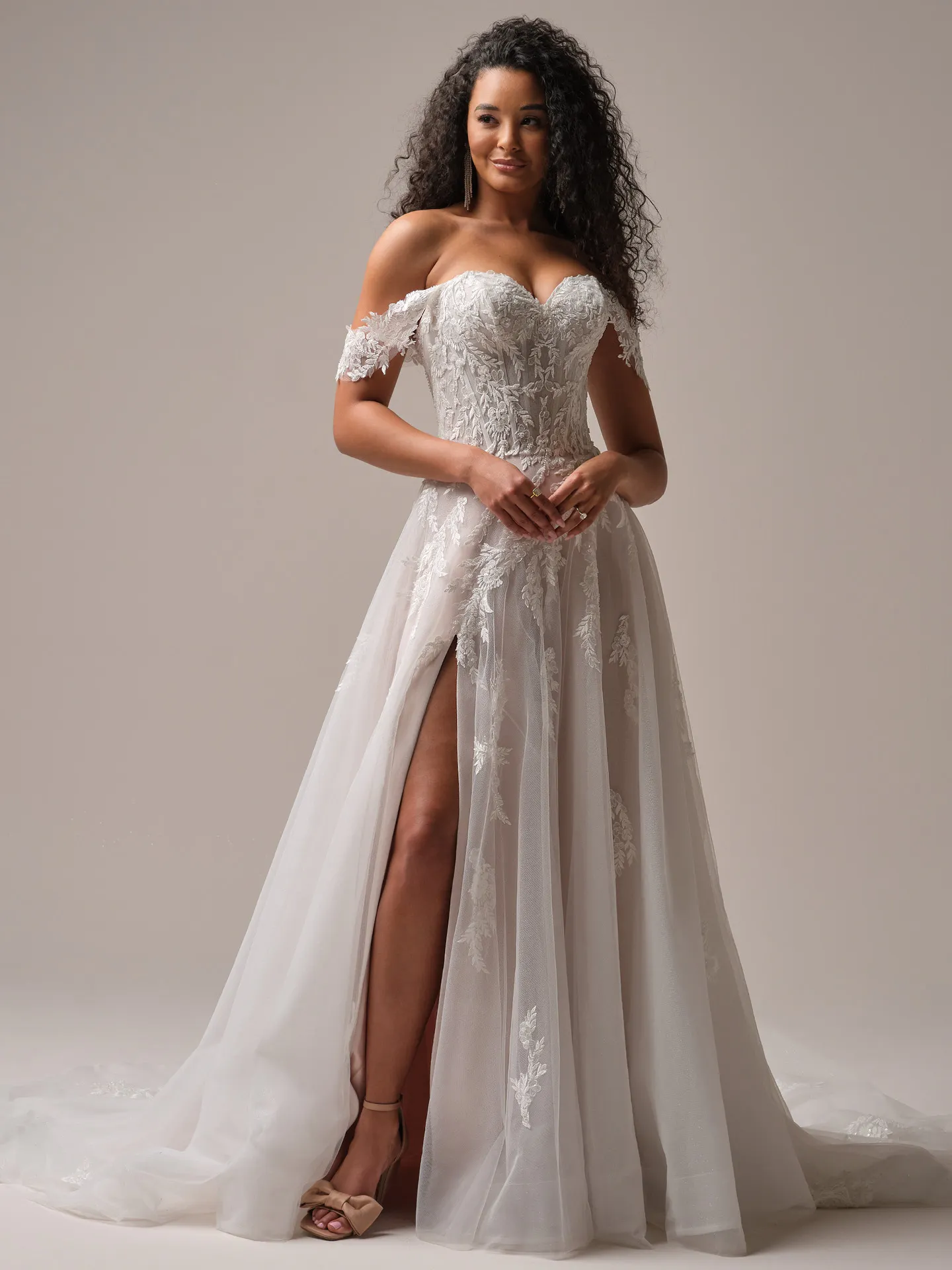 Rebecca Ingram Victoria front view, off-shoulder, beaded lace, cap-sleeves, slit skirt