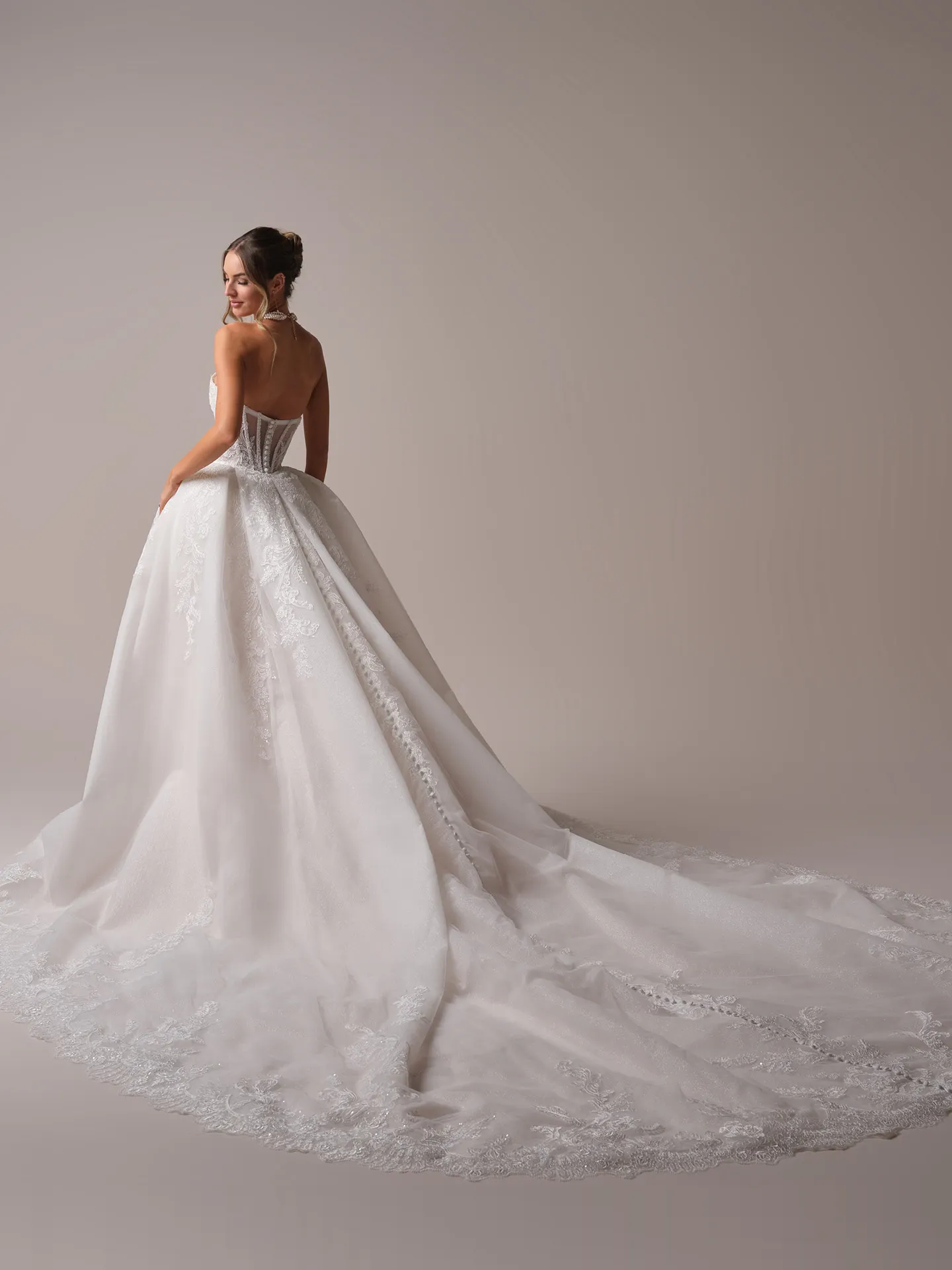 Zareen back view, beaded sequined lace over glitter tulle train, Sottero and Midgley
