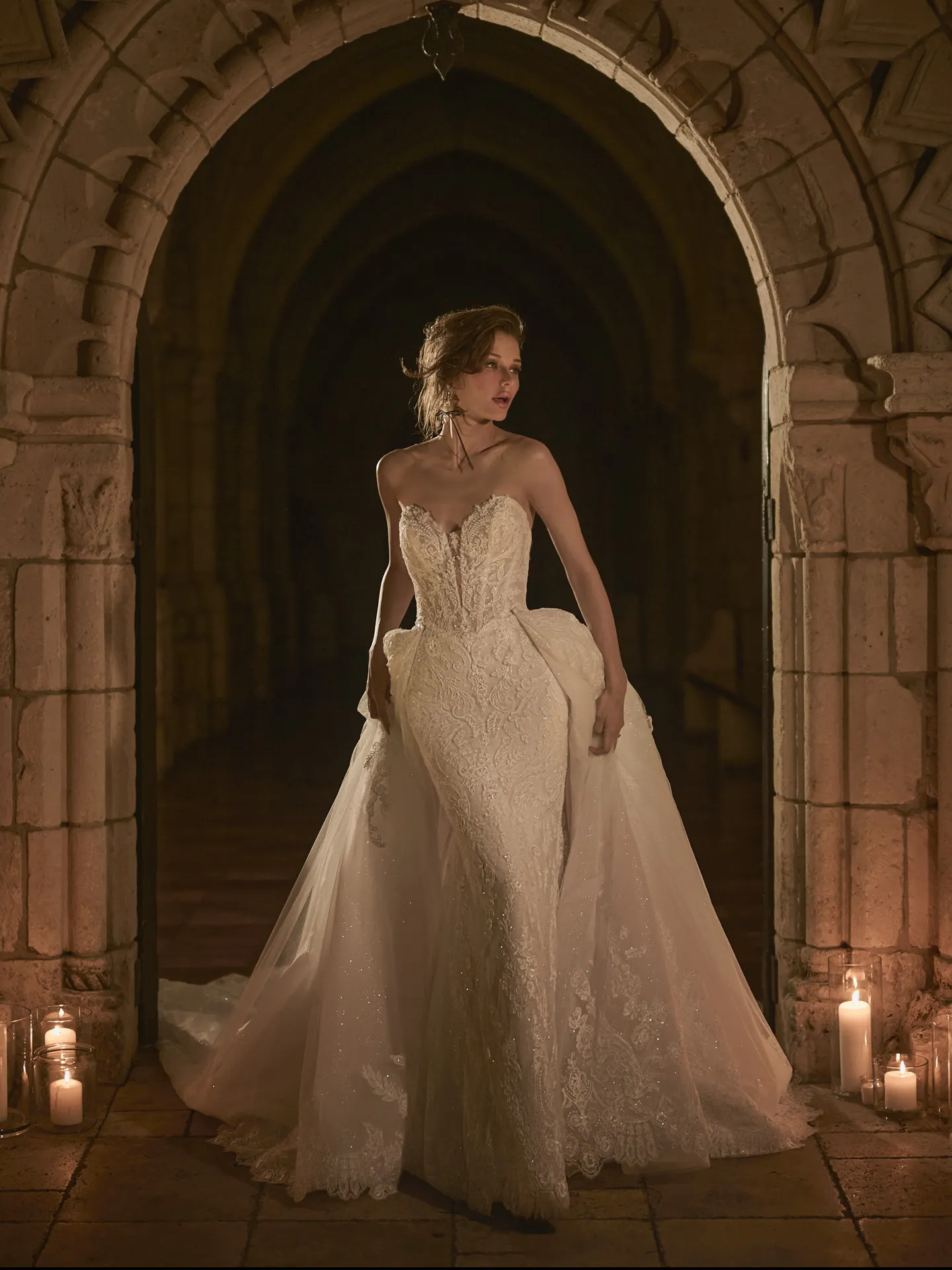Sottero and Midgley Zareen front view with glitter train in arched stone setting