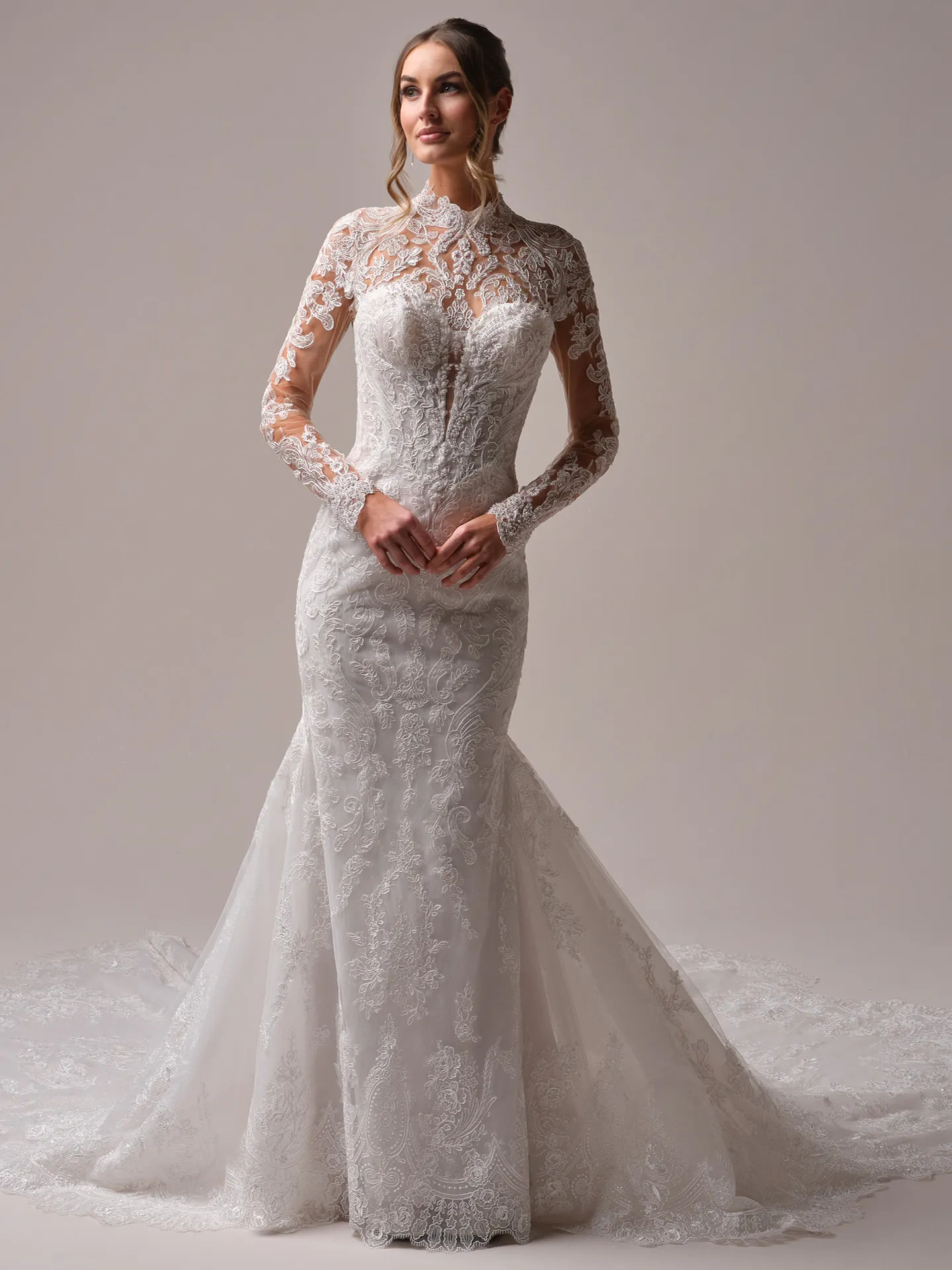 Sottero and Midgley Zareen Jacket beaded lace mock turtleneck front view