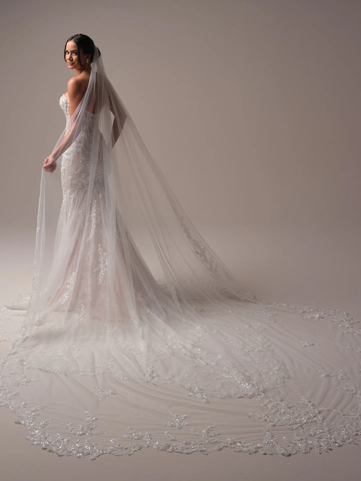 Benjie Royale Veil side view, scalloped royal length with beaded lace motifs, Maggie Sottero