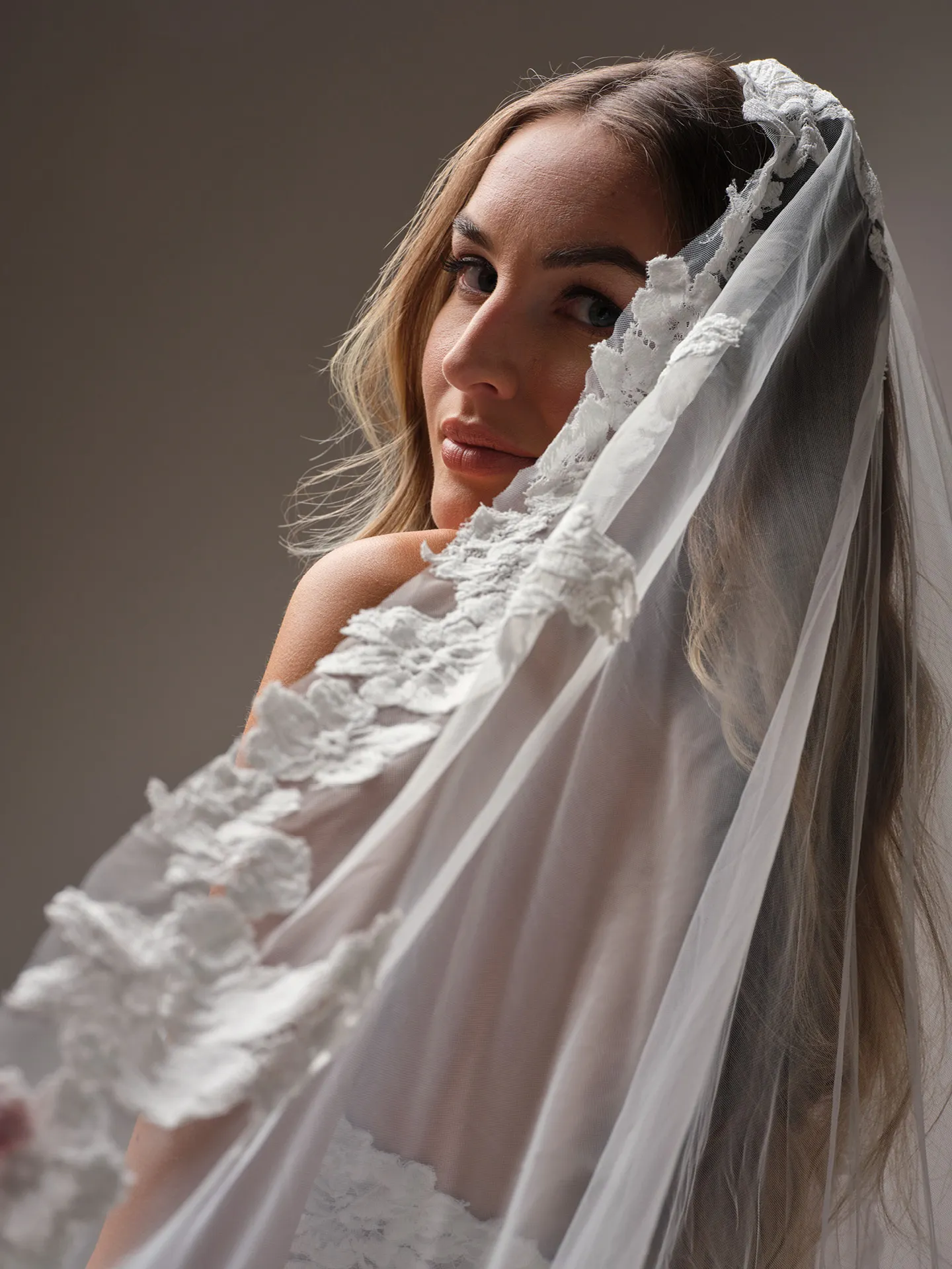 Devon Veil cathedral length with Chantilly lace edge Maggie Sottero back view