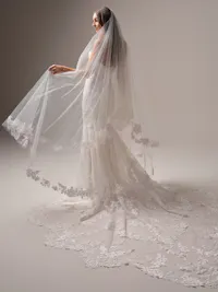 Vintage-inspired Waltz length veil with beaded blusher