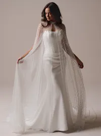 Unique detachable scattered pearl tulle cape
