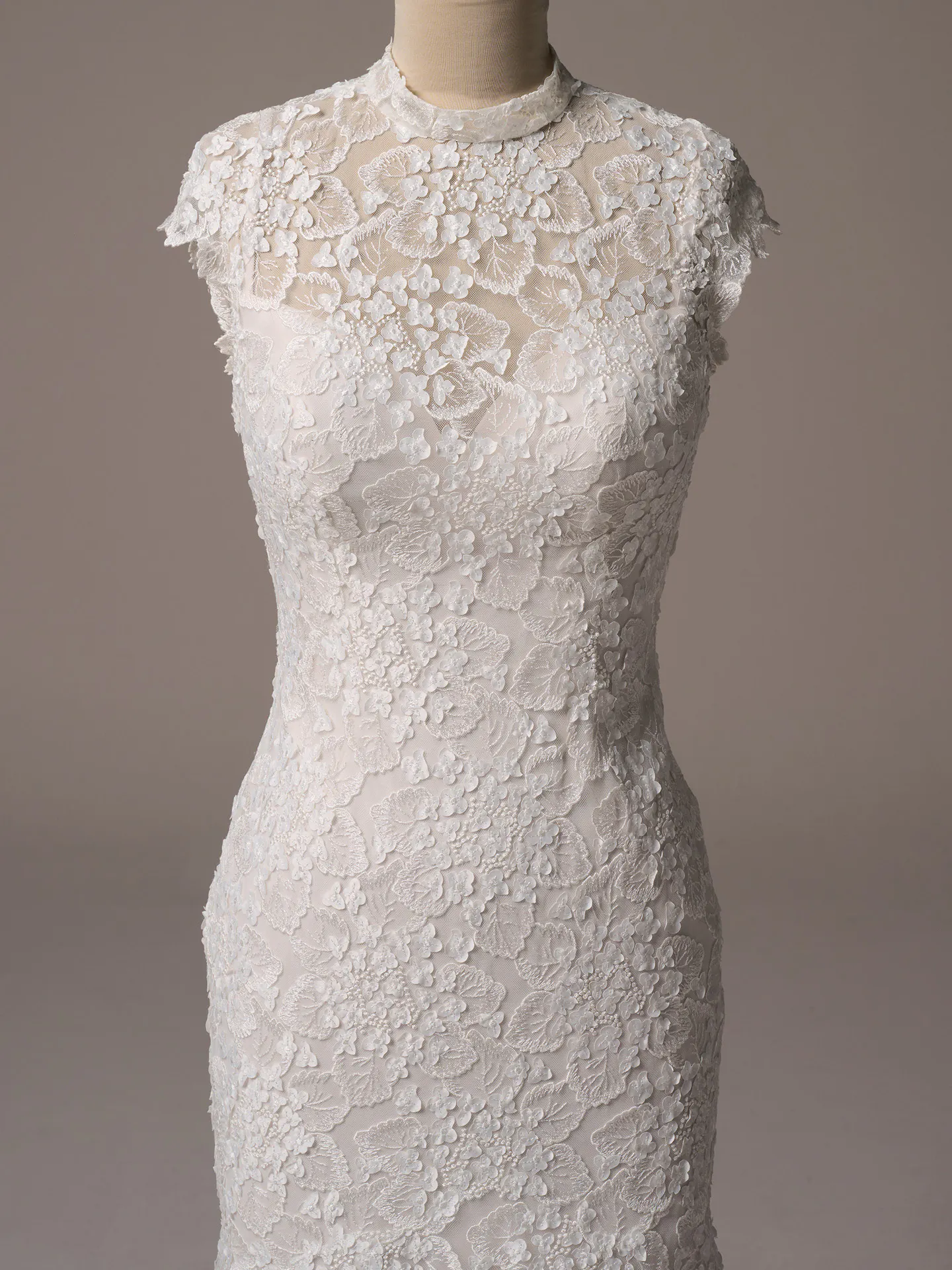 Maggie Sottero Auburn lace sheath dress, cap-sleeve, front view