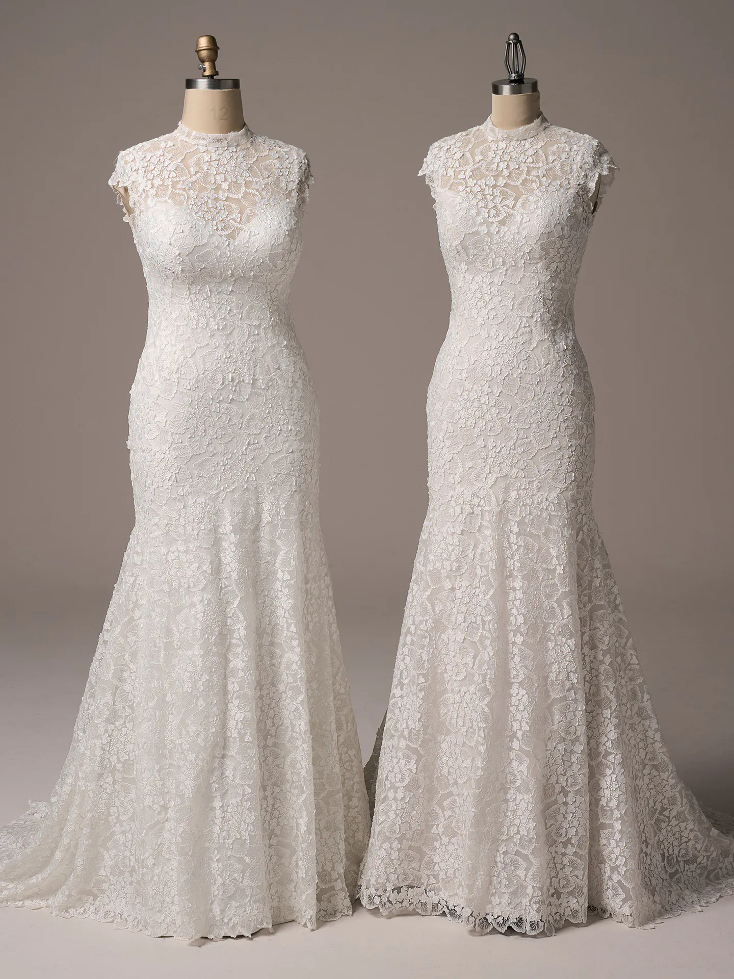Maggie Sottero Auburn lace sheath cap-sleeve dress front view on mannequins