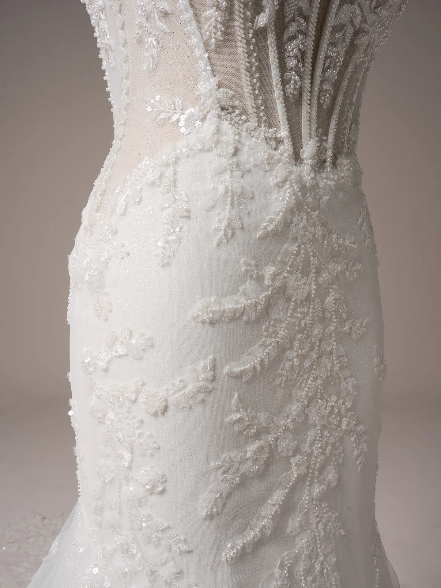 Maggie Sottero Benjie Royale side view, shimmering beaded mermaid wedding dress details
