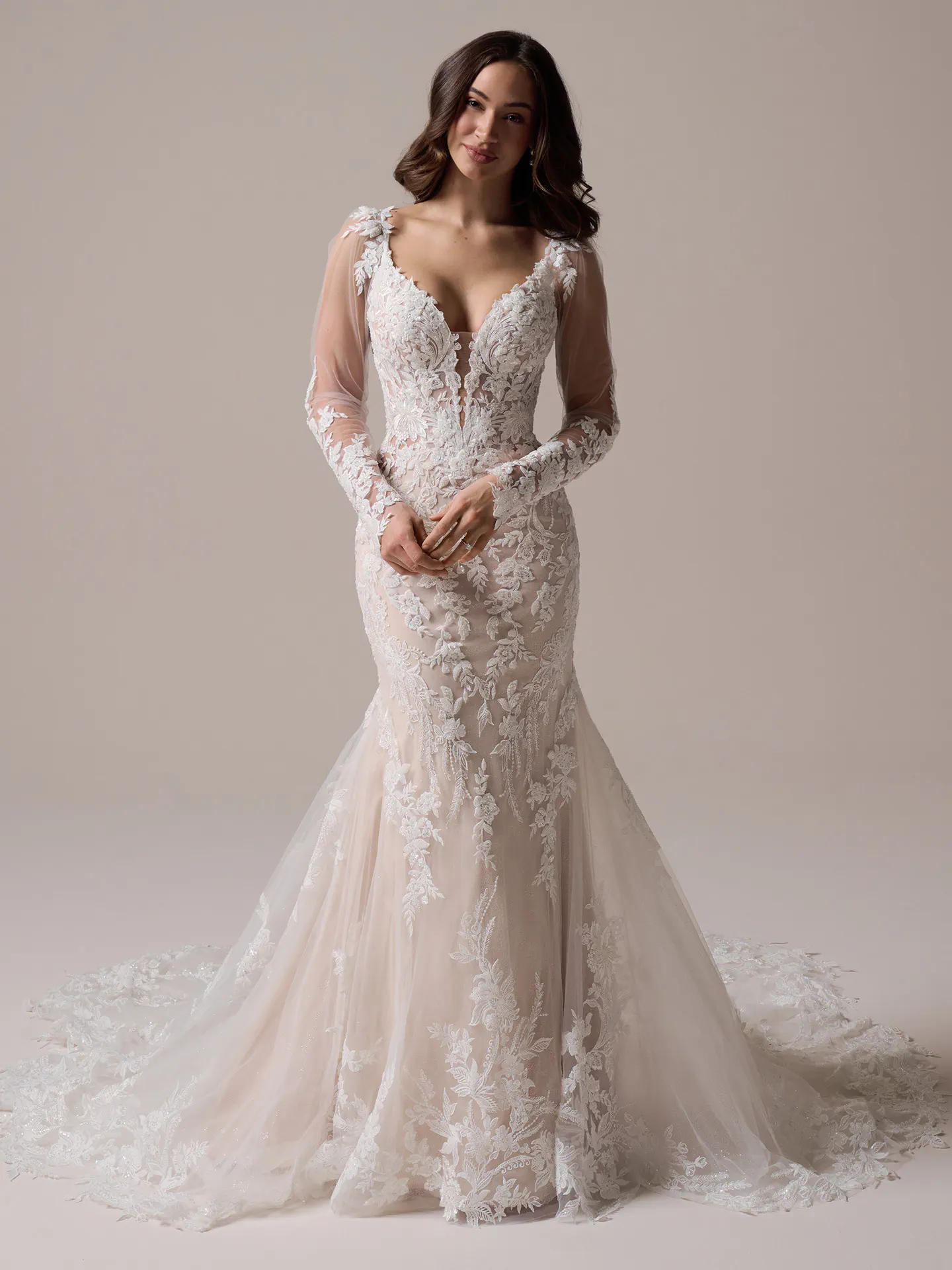 Maggie Sottero Bianca front view, plunge neckline, beaded fit-and-flare wedding gown