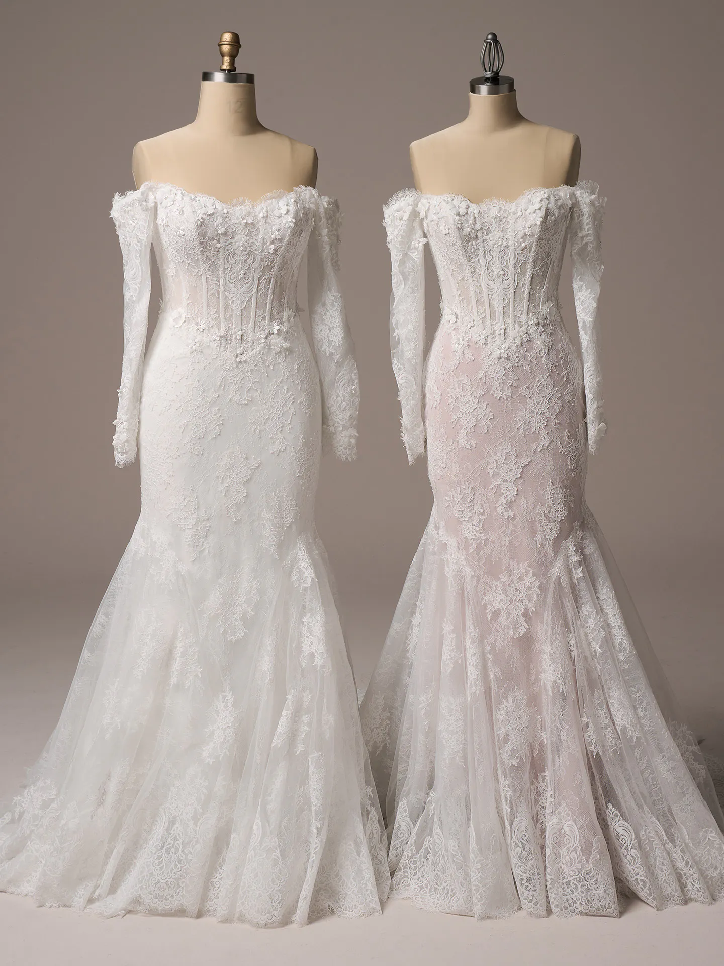 Maggie Sottero Takera fit and flare wedding dress front view in blush tone lace