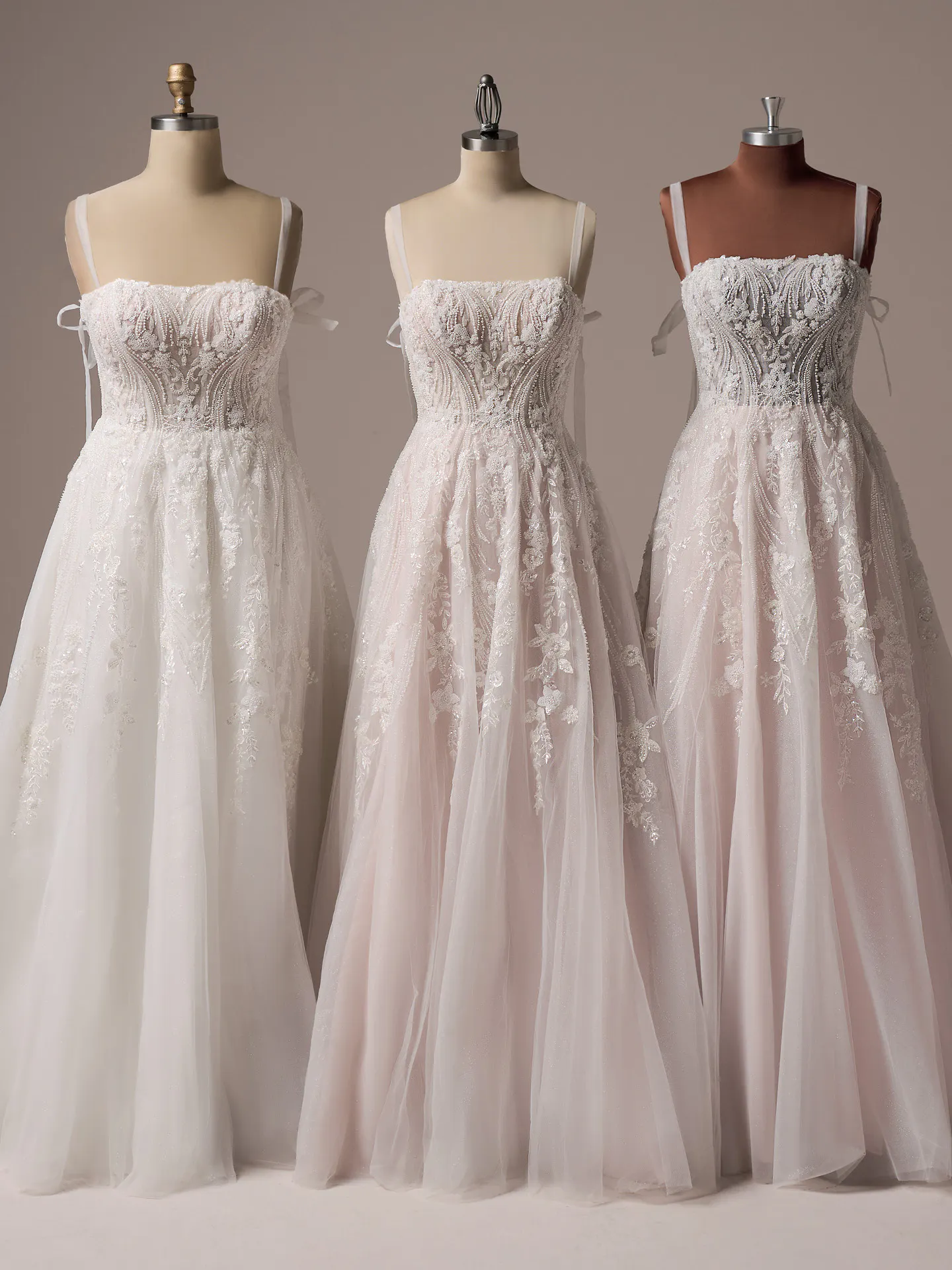 Rebecca Ingram Angie beaded square neck A-line gowns displayed on mannequins front view