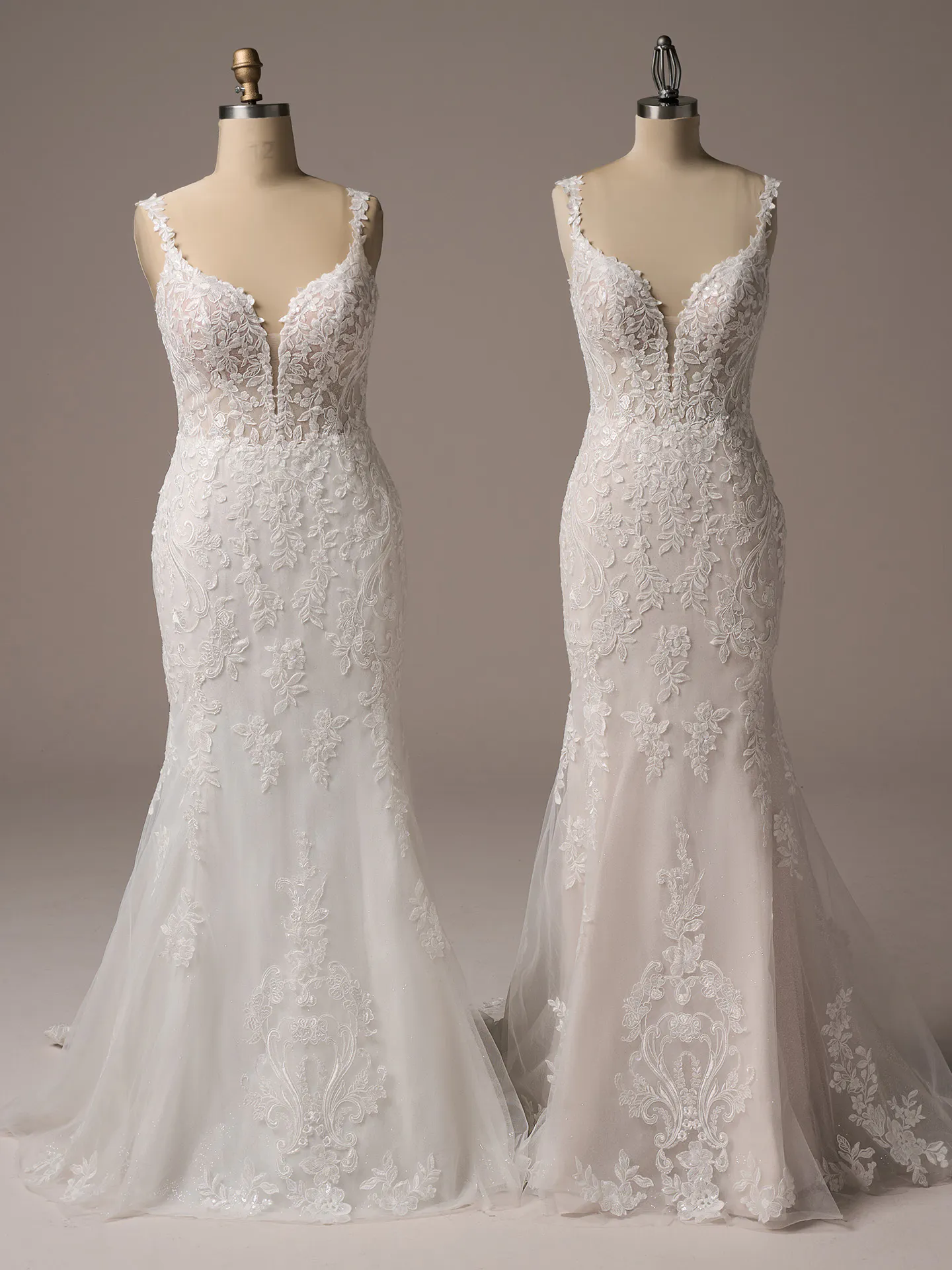 Rebecca Ingram Candice sequin lace mermaid dress front view on mannequins
