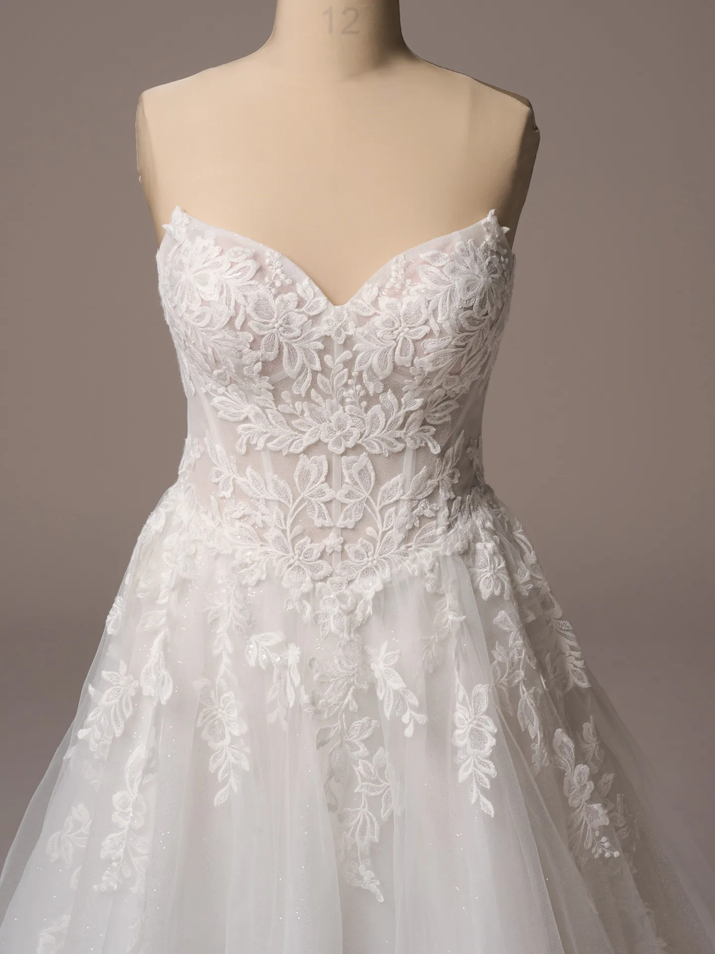 Paige A-line dress front view with lace details, Rebecca Ingram.