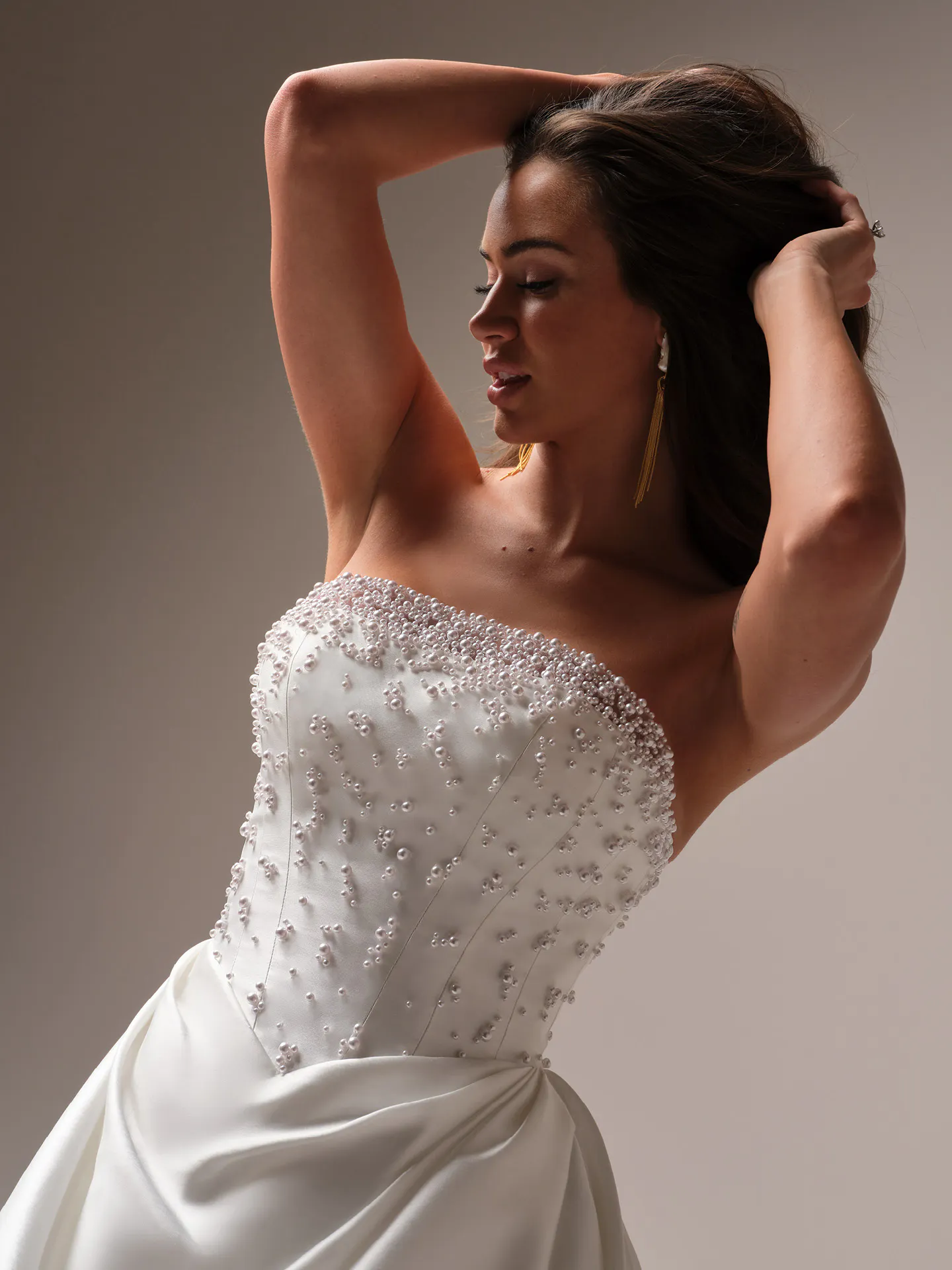 Sottero and Midgley Tenille front view, pearl-embellished satin A-line wedding dress