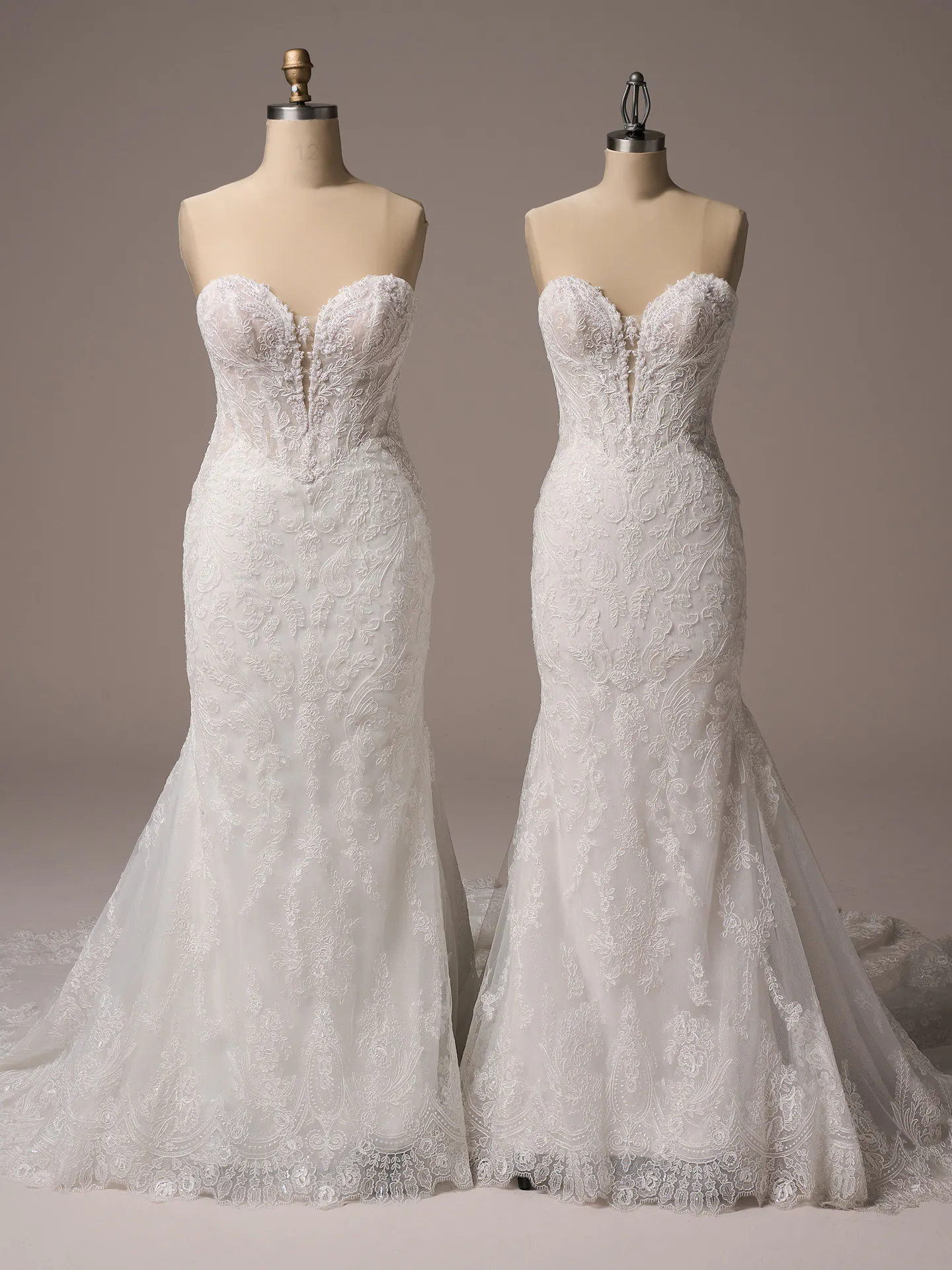 Sottero and Midgley Zareen illusion lace mermaid bridal dress front view on mannequins