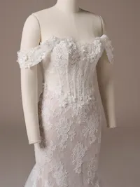 Retro Chantilly lace cap-sleeves with 3-D flowers and pearls