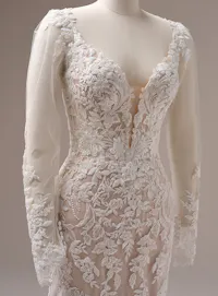Maggie Sottero Bianca gown front view with beaded lace and sheer long sleeves