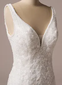 Maggie Sottero Eloise close-up showing beaded lace tank strap fit-and-flare wedding dress