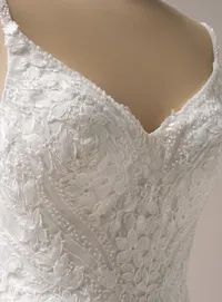 Rebecca Ingram Finley side view, lace detail, plunge neckline