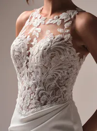 Maggie Sottero Florentina halter neck lace fit-and-flare wedding gown close-up