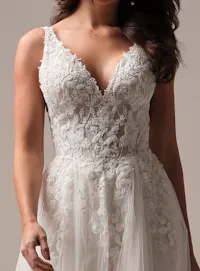 Rebecca Ingram Honor V-neck lace A-line gown front view