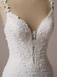 Rebecca Ingram Isabella back view mermaid dress, textured spaghetti straps, floral lace.