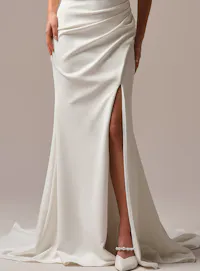 Rebecca Ingram Kathleen sheath dress front view with slit and sweetheart neckline.
