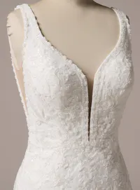Rebecca Ingram Larissa gown with deep V-neck and lace detail.