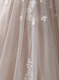Maggie Sottero Liberty ballgown wedding dress rear angle with lace bodice and train