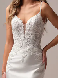 Rebecca Ingram Nova front view lace bodice satin gown with floral details.