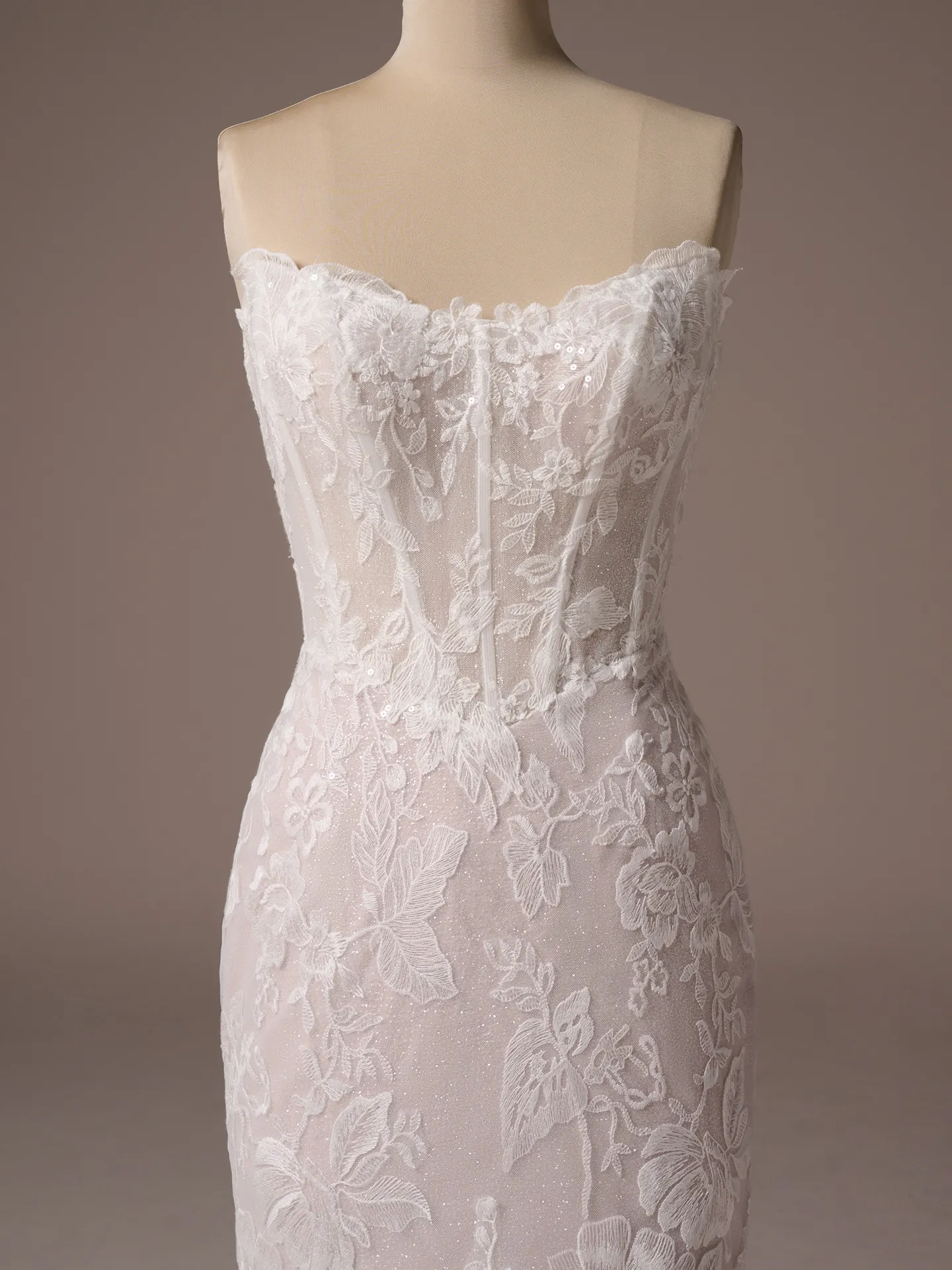Maggie Sottero Meredith fit and flare wedding dress front view in soft ivory lace