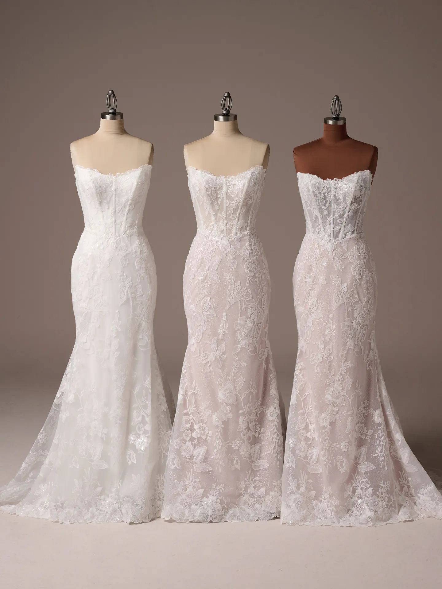 Maggie Sottero Meredith fit and flare wedding dress front view in blush tone lace