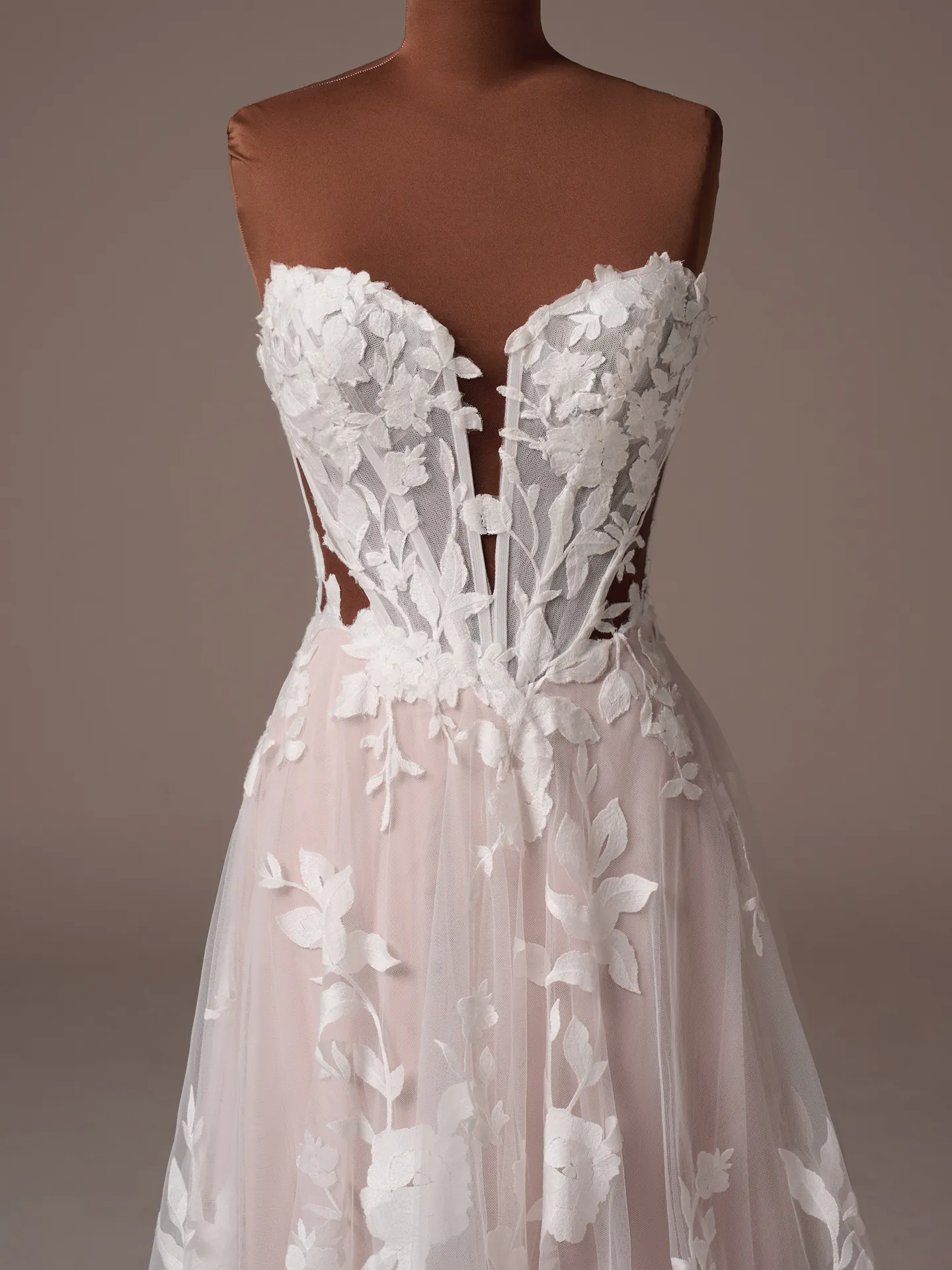 Maggie Sottero Natalie A line wedding dress front view in mocha tone tulle