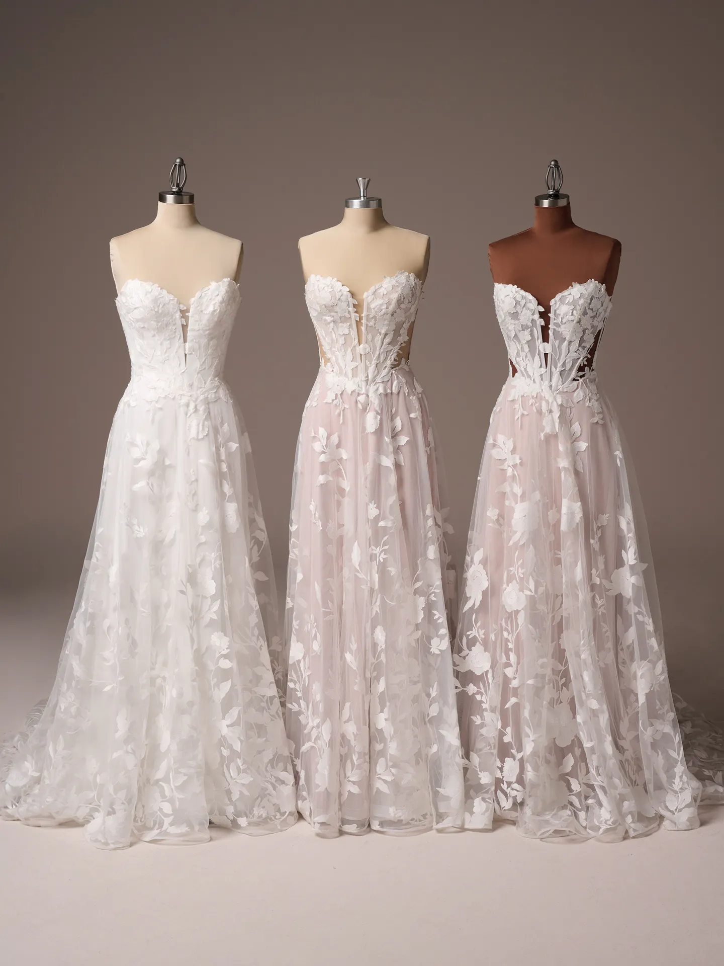 Maggie Sottero Natalie A line wedding dress front view in blush tone tulle
