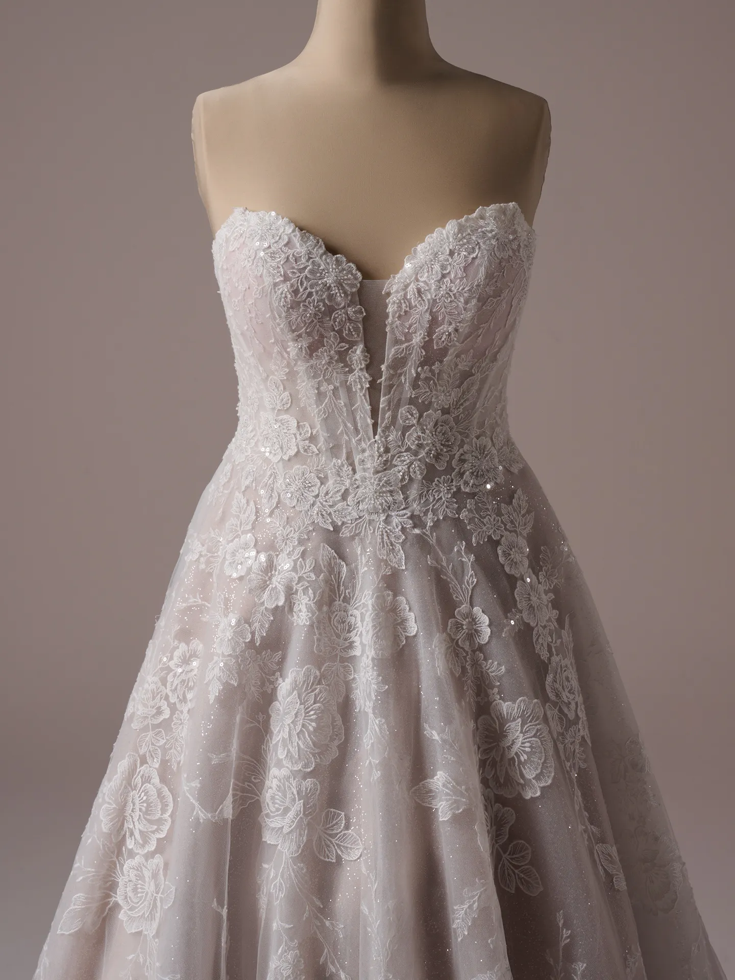 Maggie Sottero Skylar front view, lace A-line bridal gown