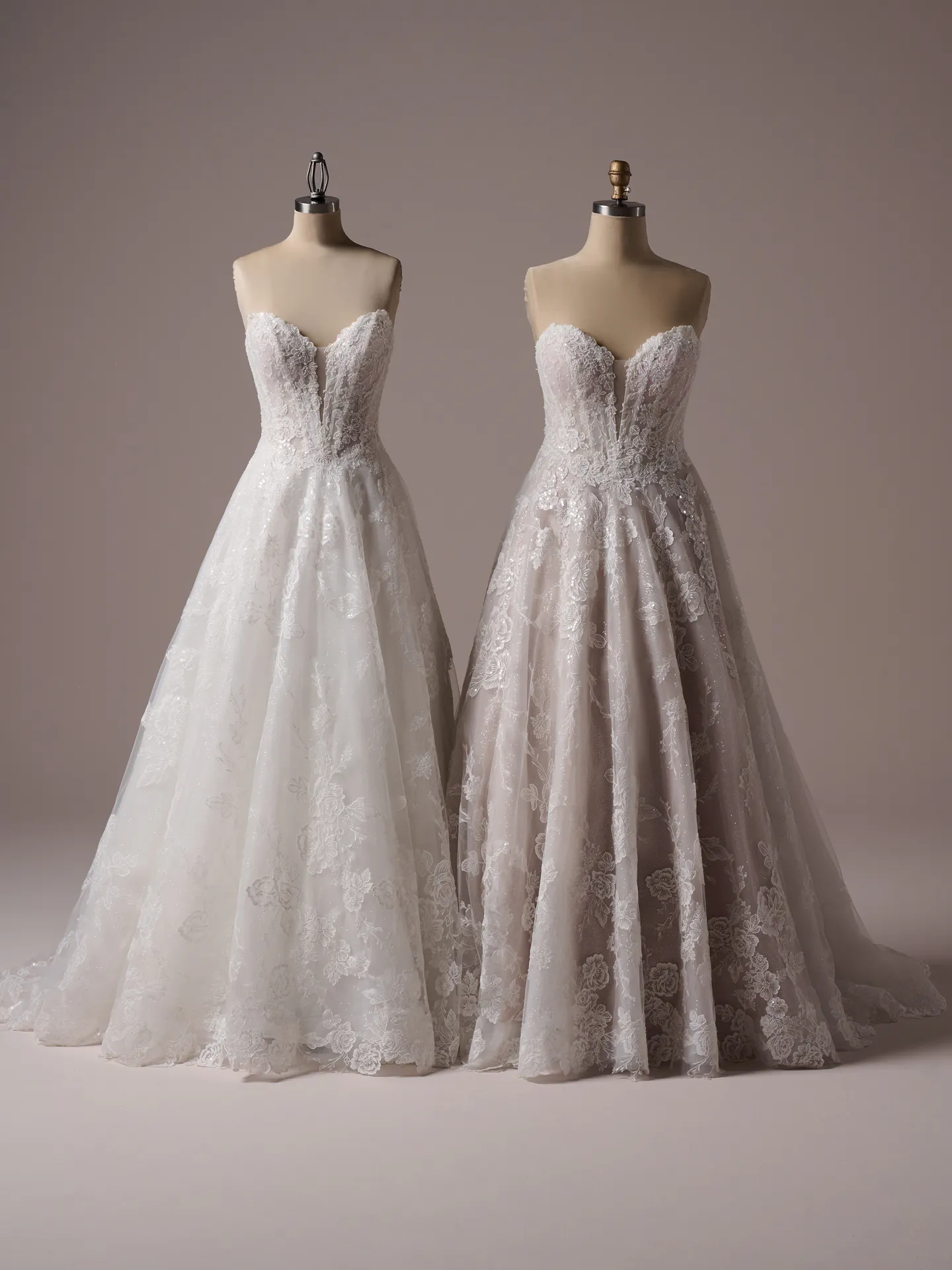 Maggie Sottero Skylar front view on dress forms, lace A-line gowns with plunging necklines