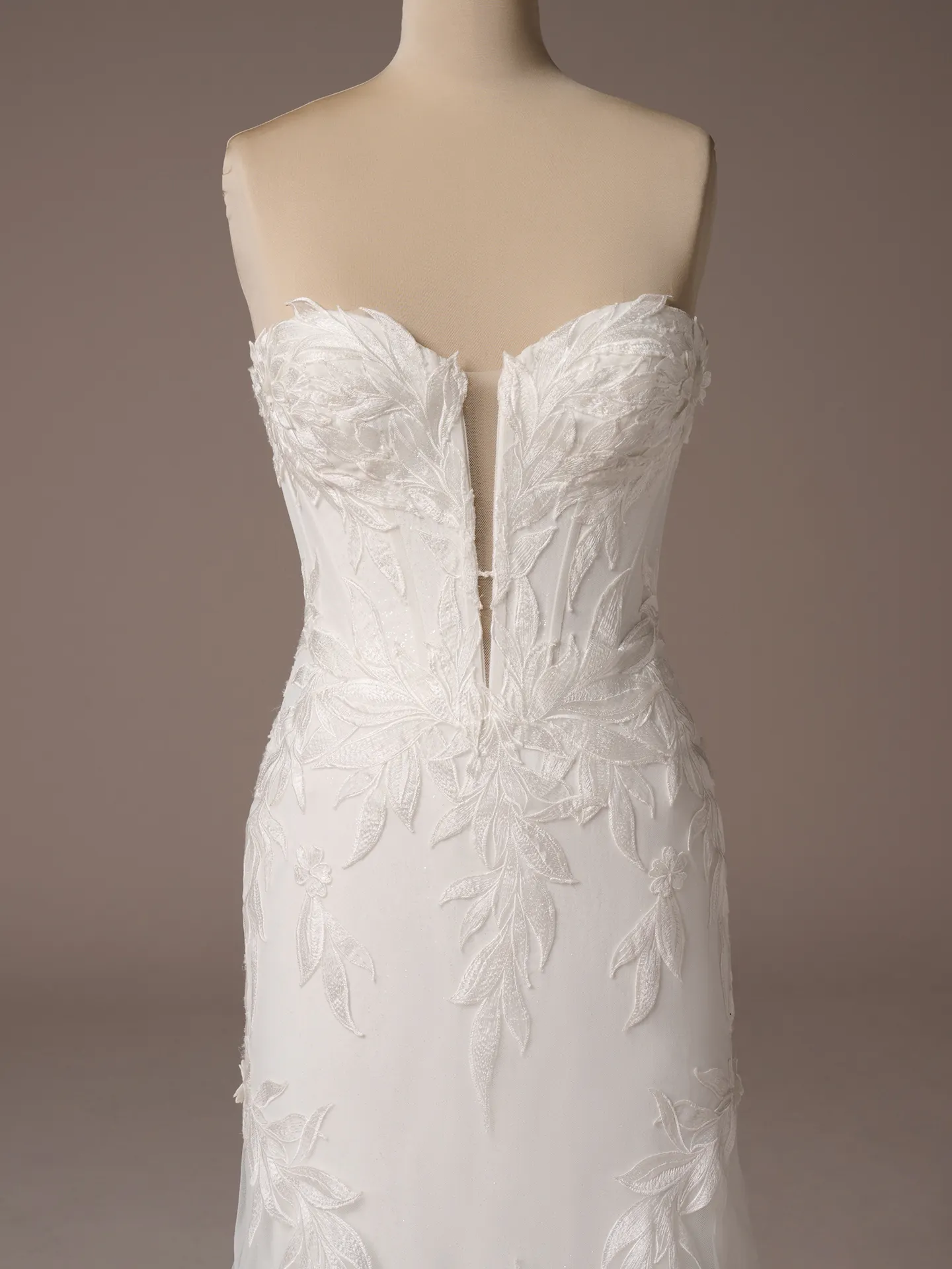 Sottero and Midgley Belladonna fit and flare wedding dress front view in ivory tone lace