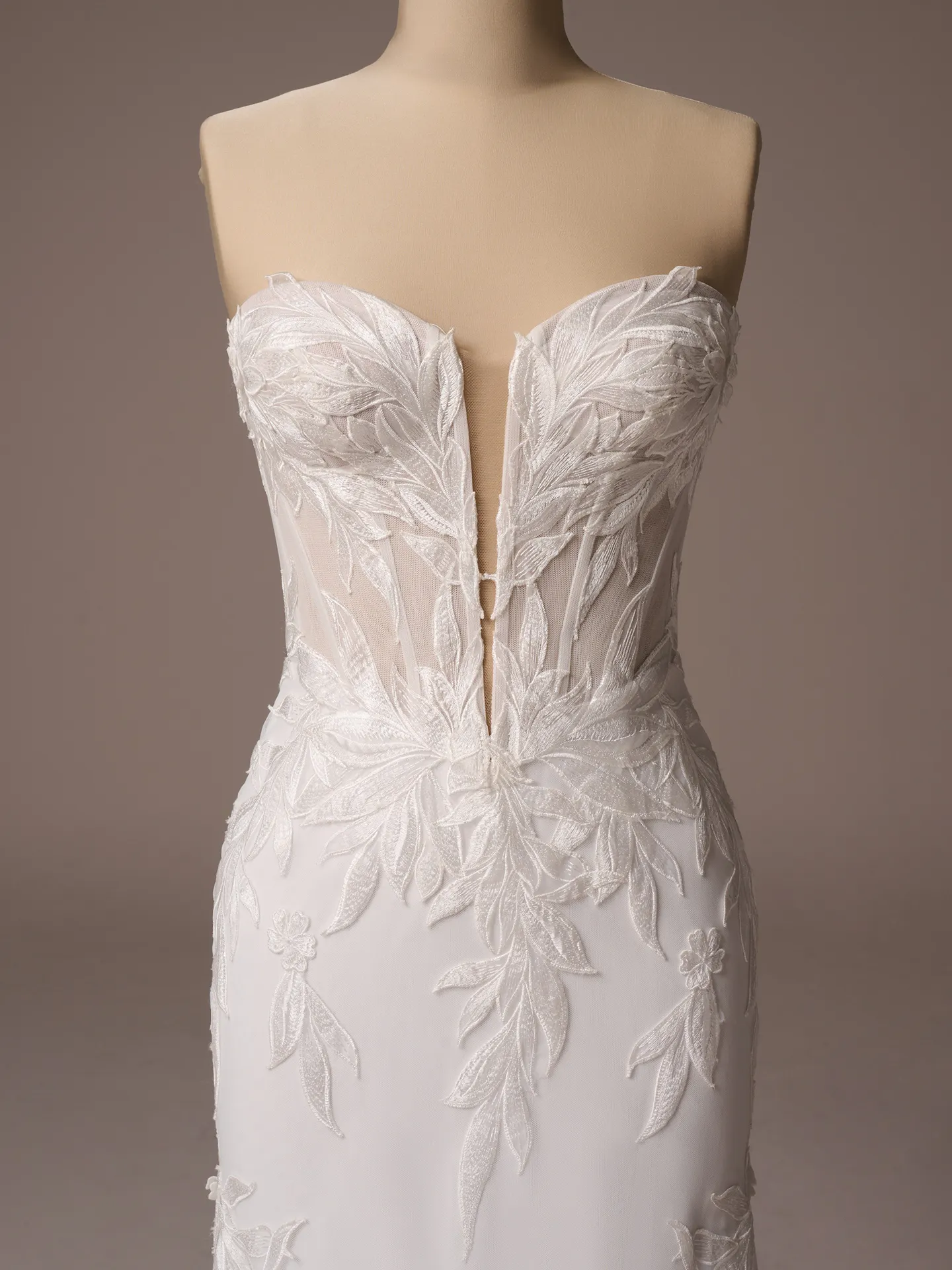 Sottero and Midgley Belladonna fit and flare wedding dress front view in soft ivory lace
