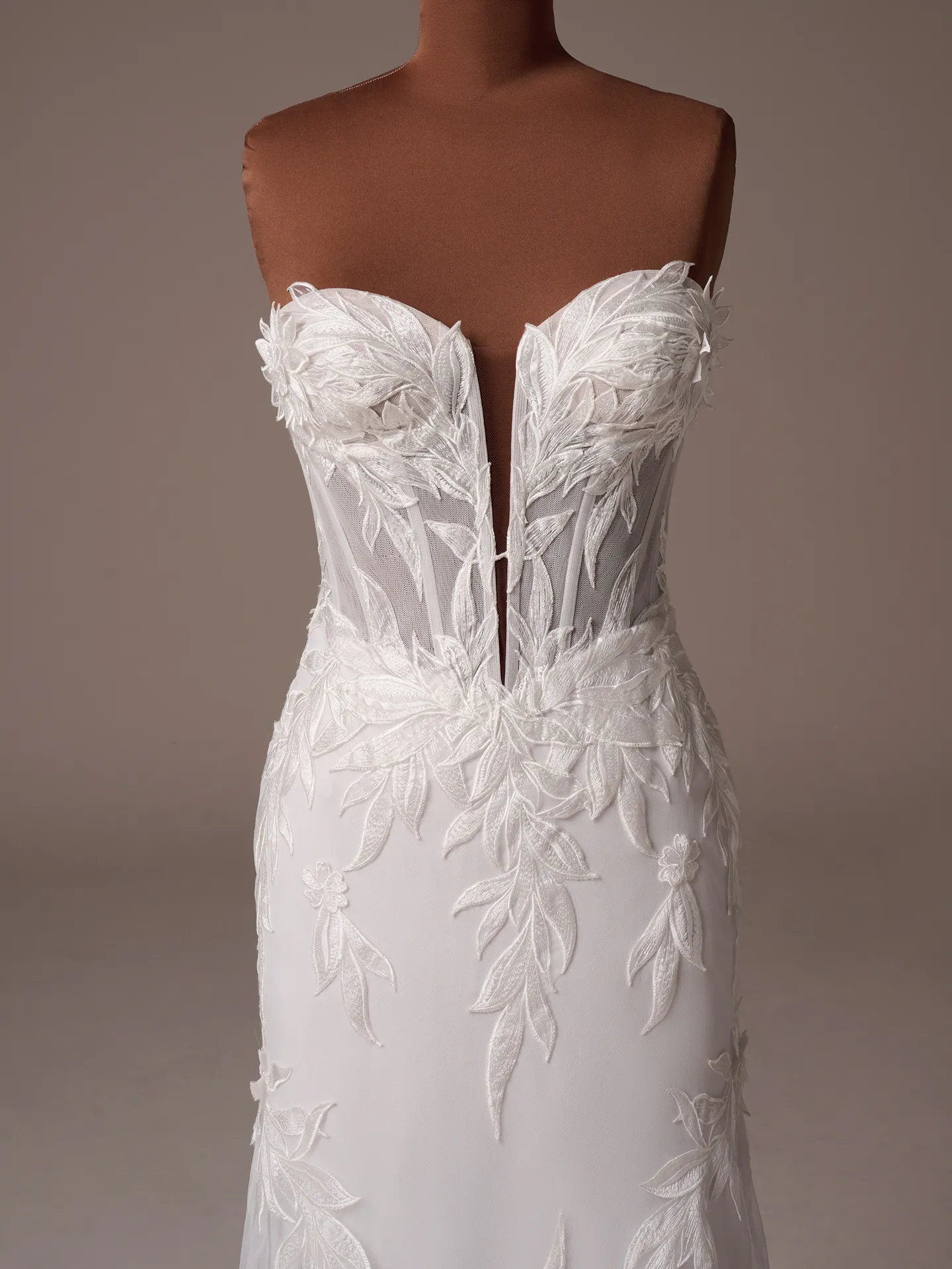 Sottero and Midgley Belladonna fit and flare wedding dress front view in mocha tone lace