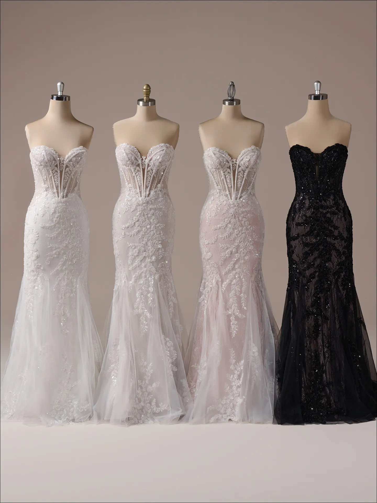 Maggie Sottero Benjie sequin lace mermaid dresses on mannequins, front view.