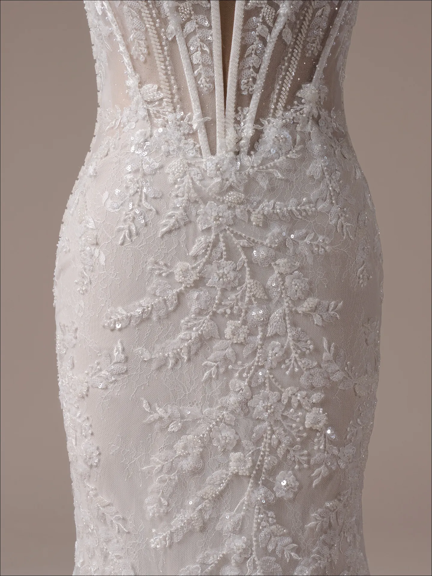 Back view of Benjie Royale shimmering lace and beaded mermaid dress, Maggie Sottero