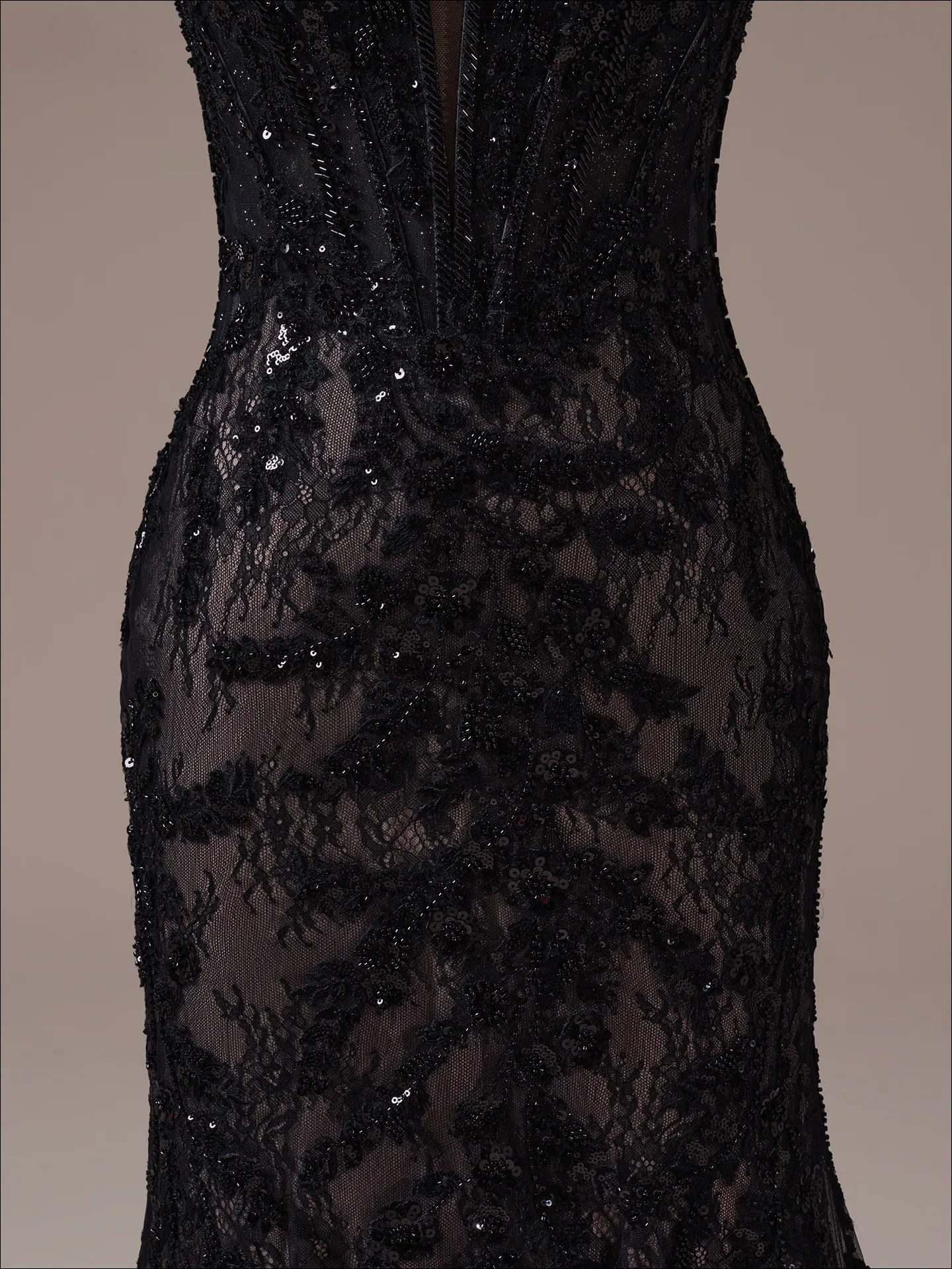 Maggie Sottero Benjie Royale beaded black lace mermaid dress close-up
