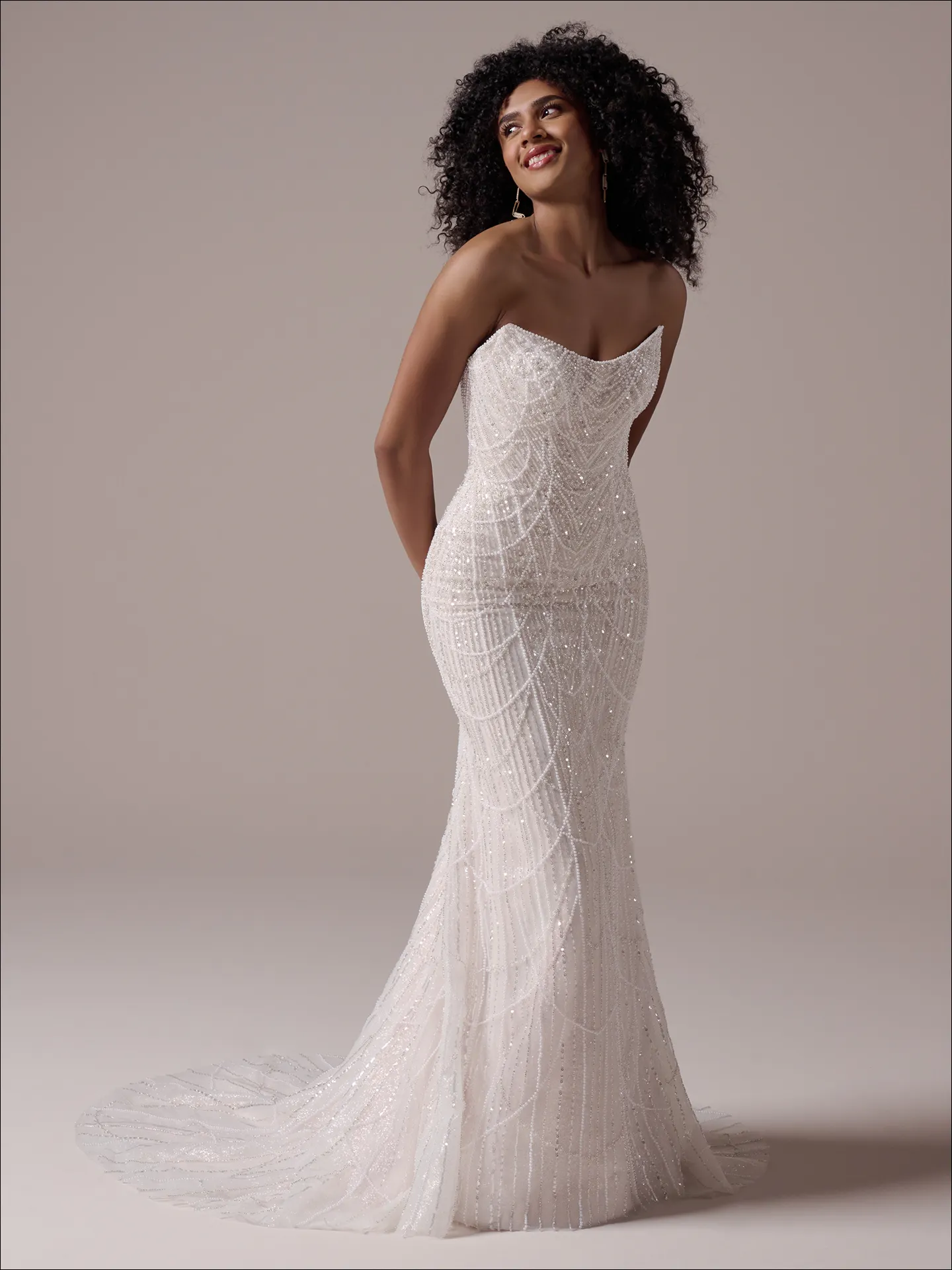 Maggie Sottero Constance front view sheath bridal gown draped pearls