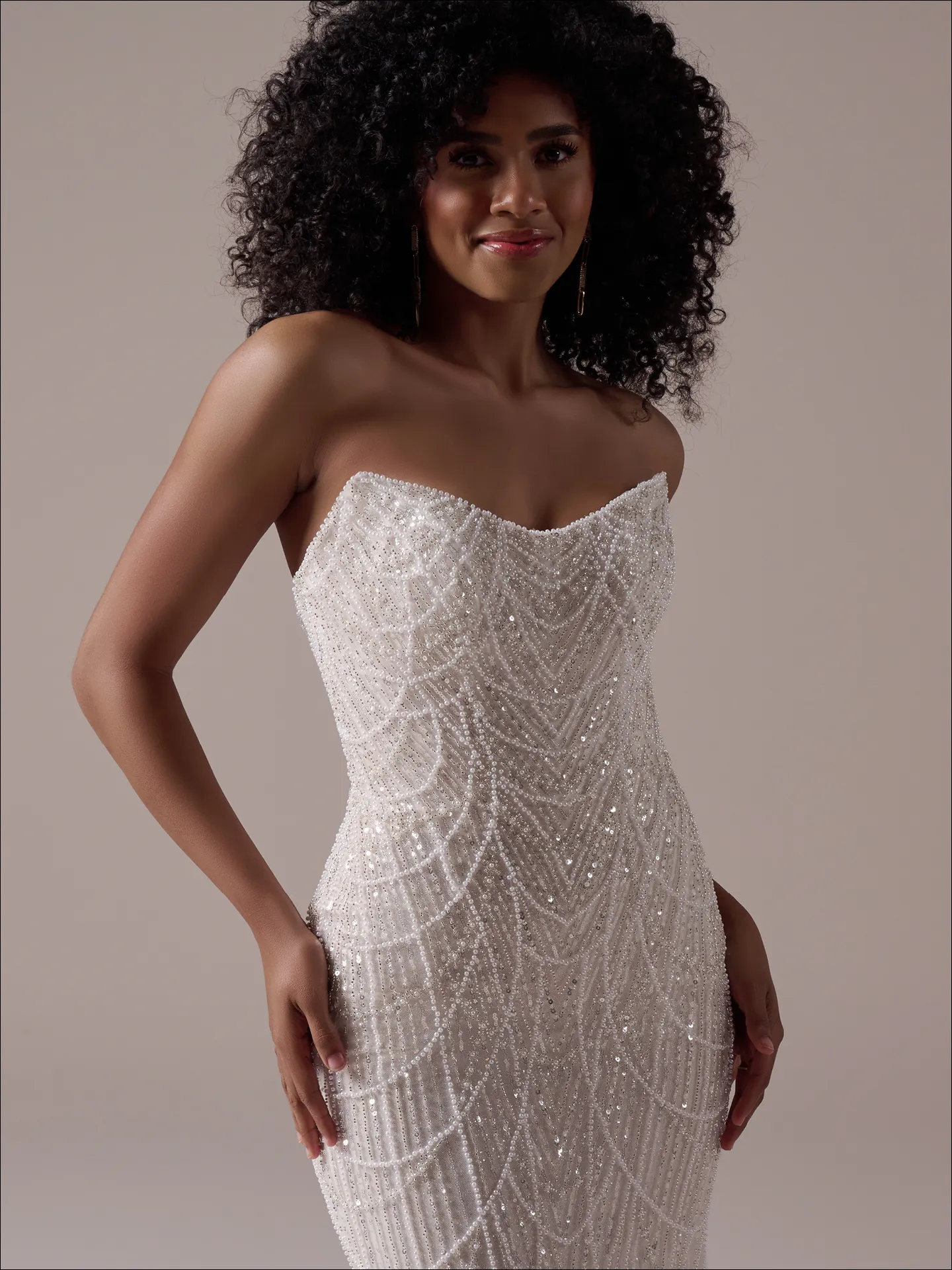Maggie Sottero Constance sheath front view, draped pearls detail