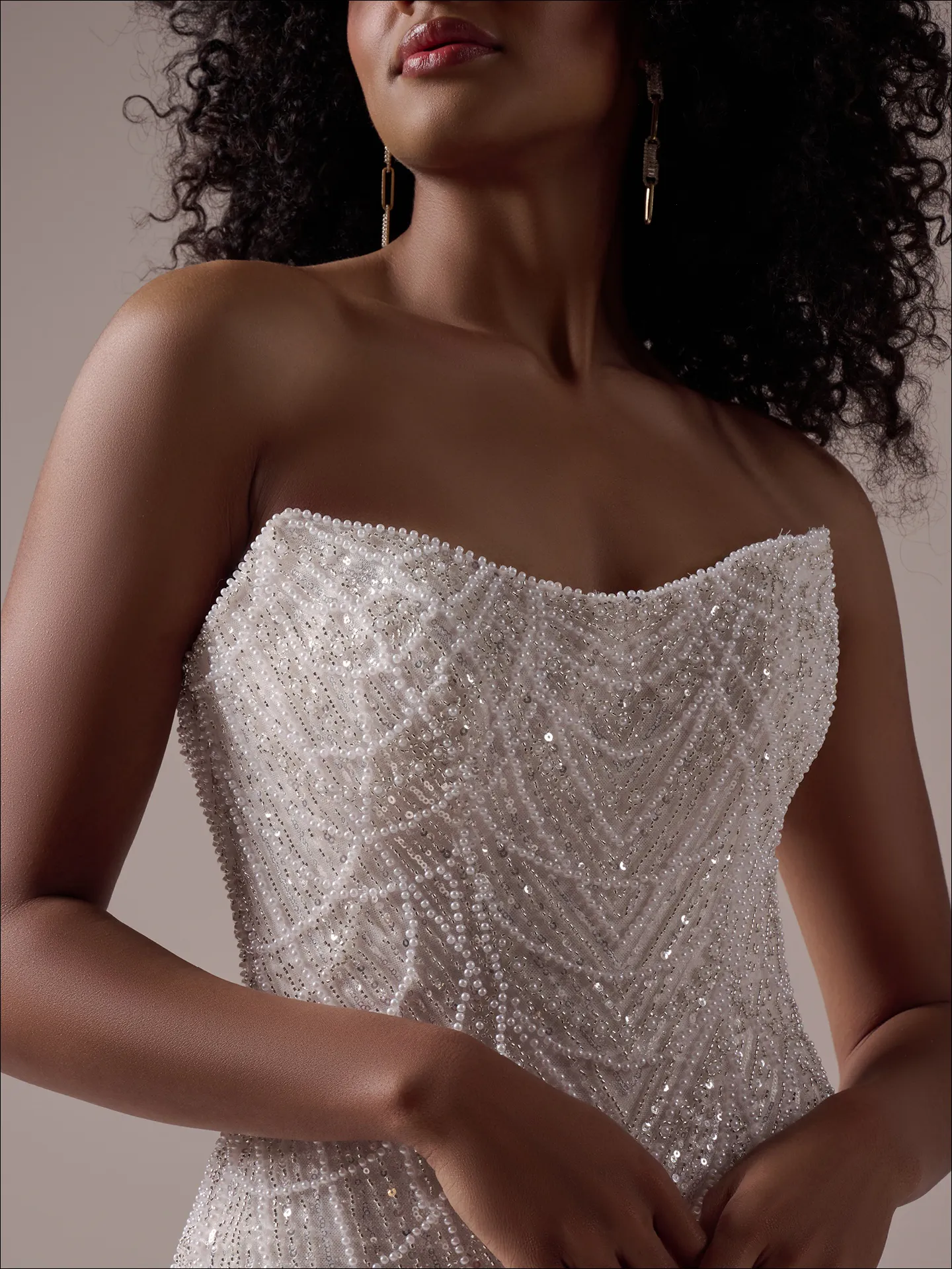 Maggie Sottero Constance sheath gown with draped pearl detail front view