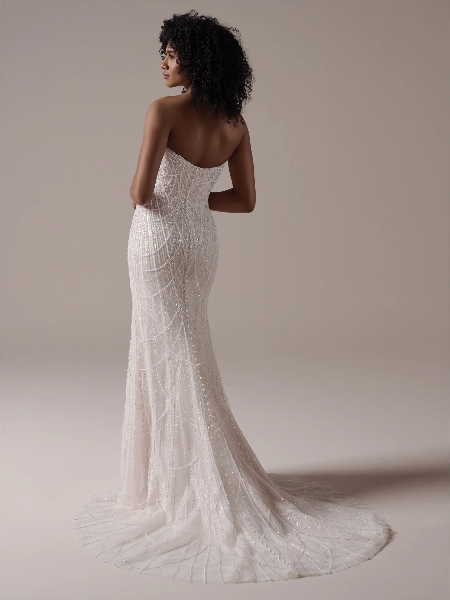 Maggie Sottero Constance back view with draped pearls, sheath bridal gown