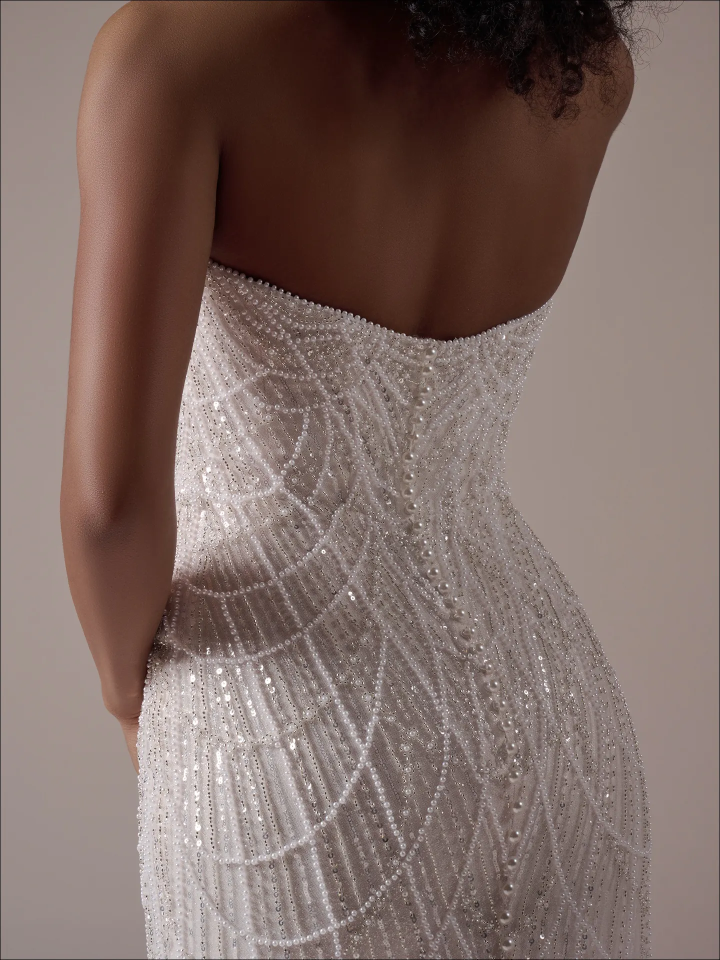 Maggie Sottero Constance back view, pearl and sequin details