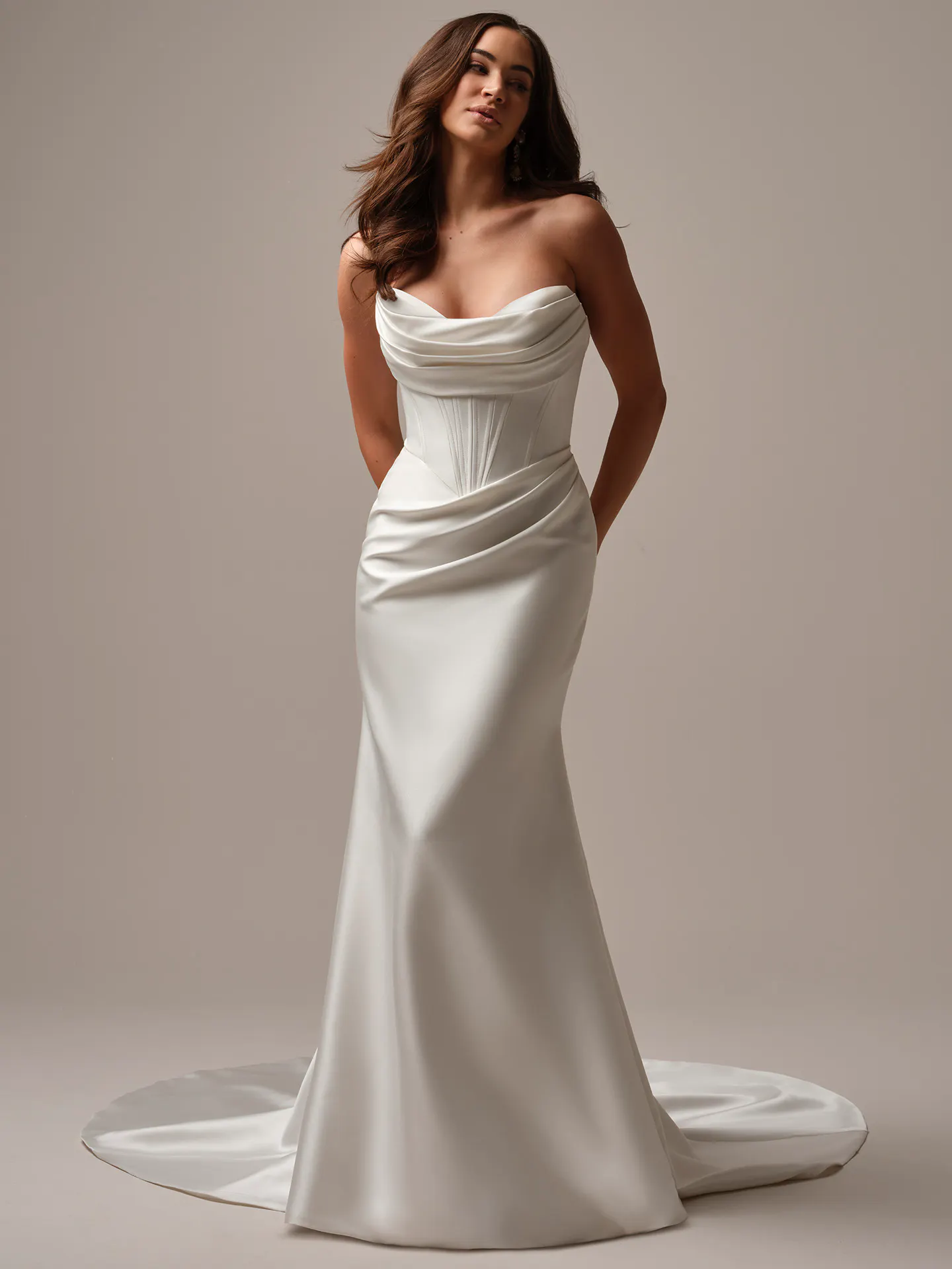 Maggie Sottero Melissa fit and flare wedding dress side angle with smooth silhouette