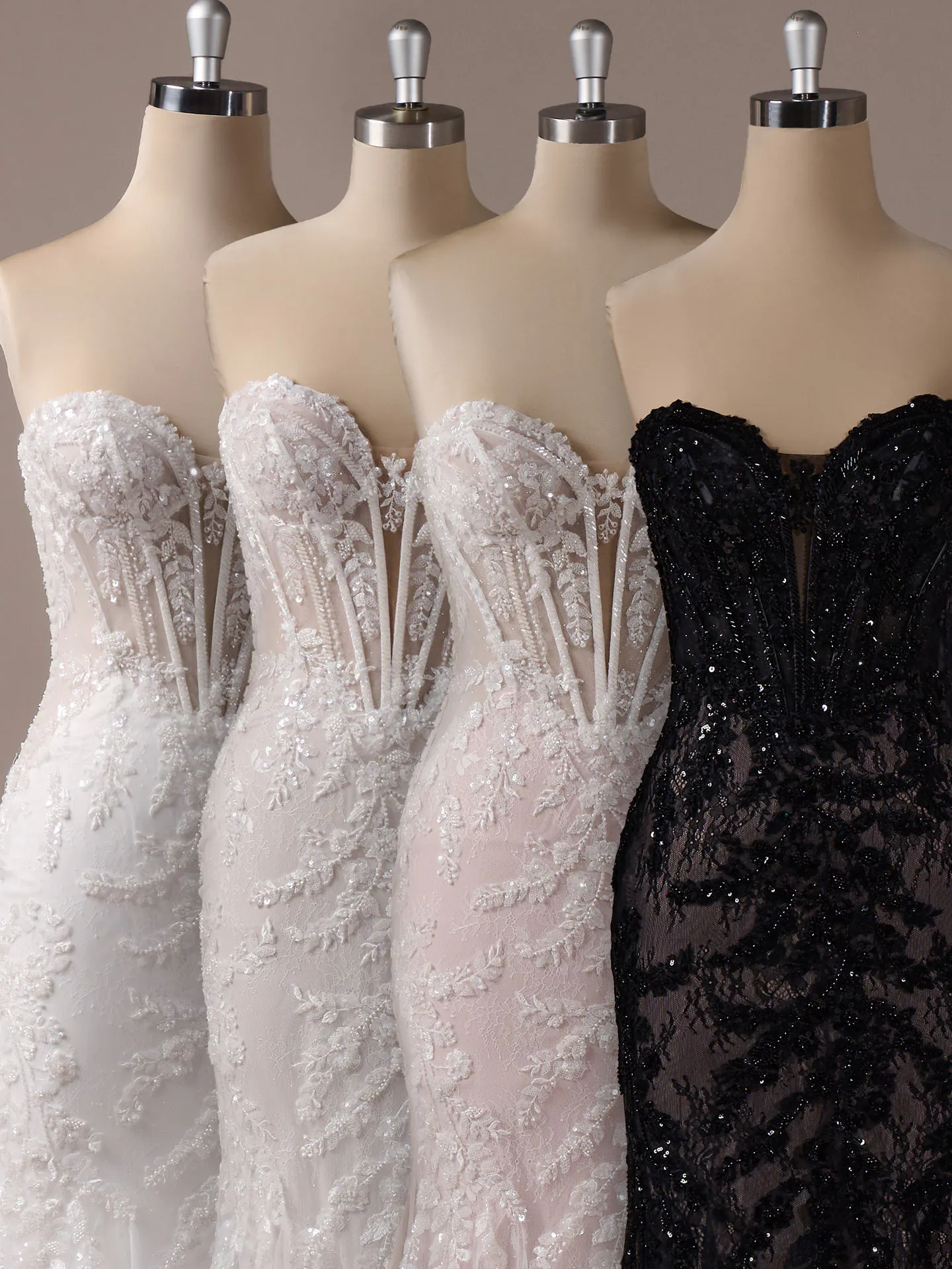 Maggie Sottero Benjie Royale front view assorted colors elegant lace mermaid gowns on mannequins