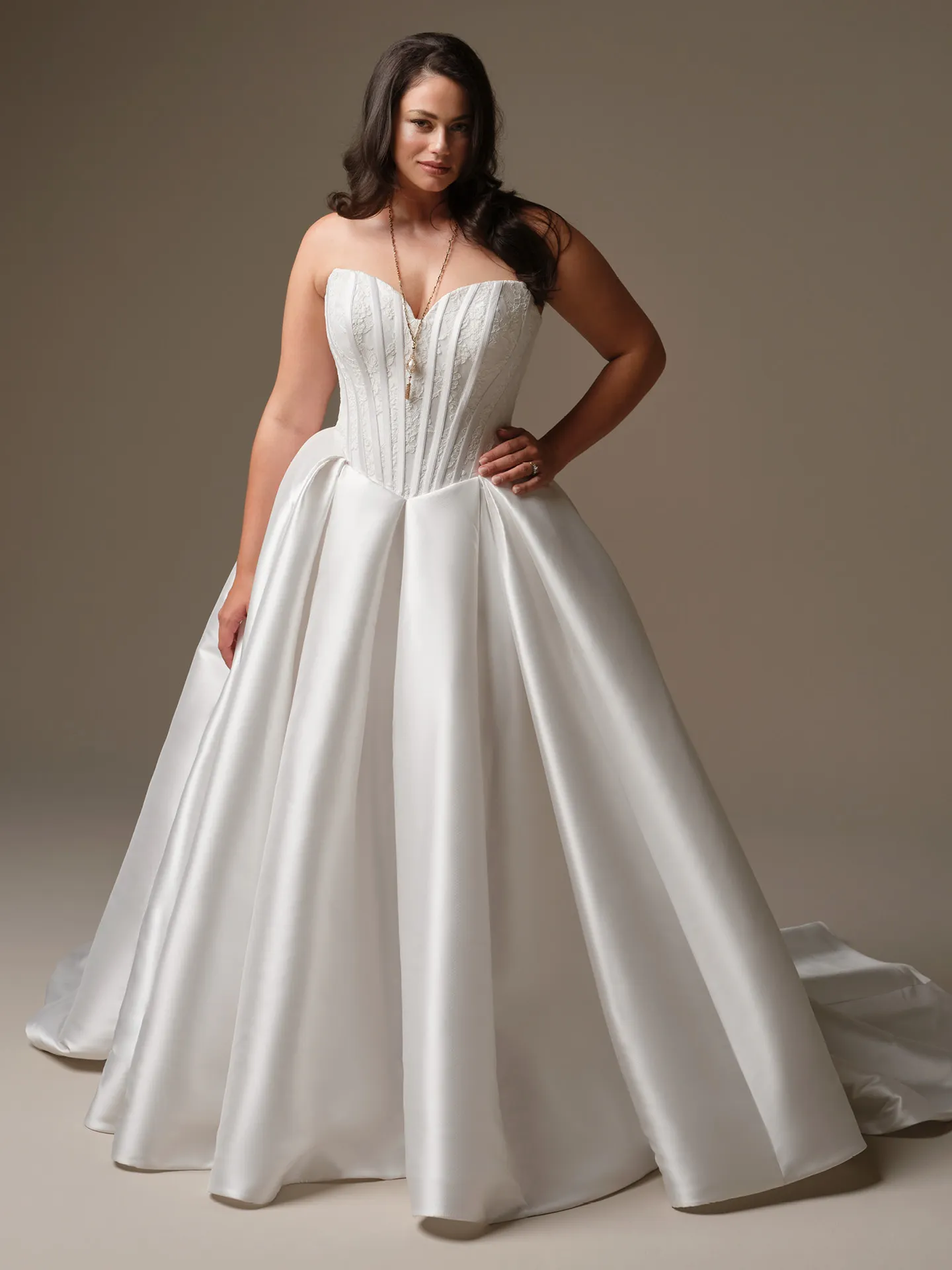 Maggie Sottero Ashland strapless mikado ballgown wedding dress, front view.