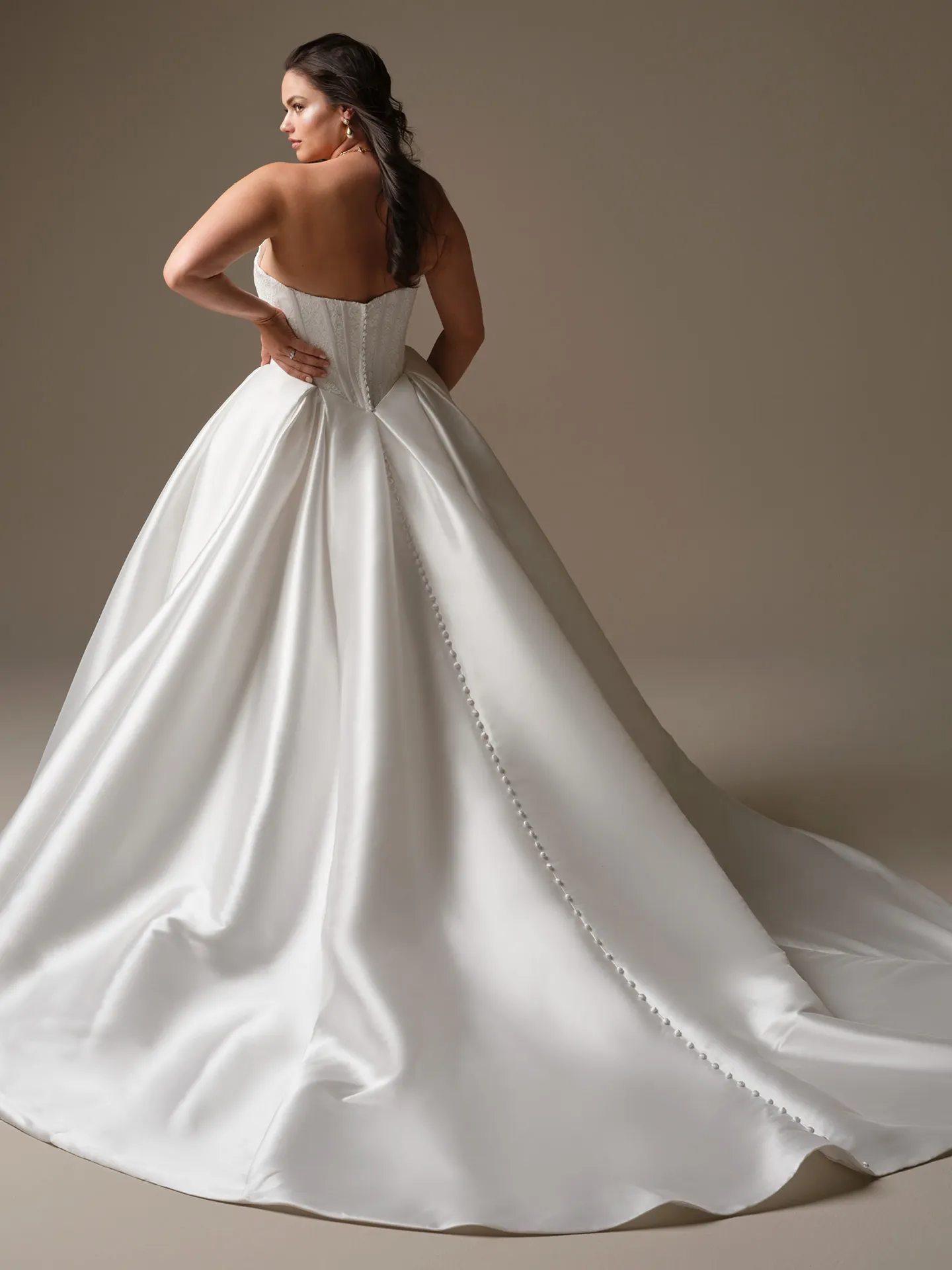 Maggie Sottero Ashland, back view strapless mikado ballgown wedding dress.
